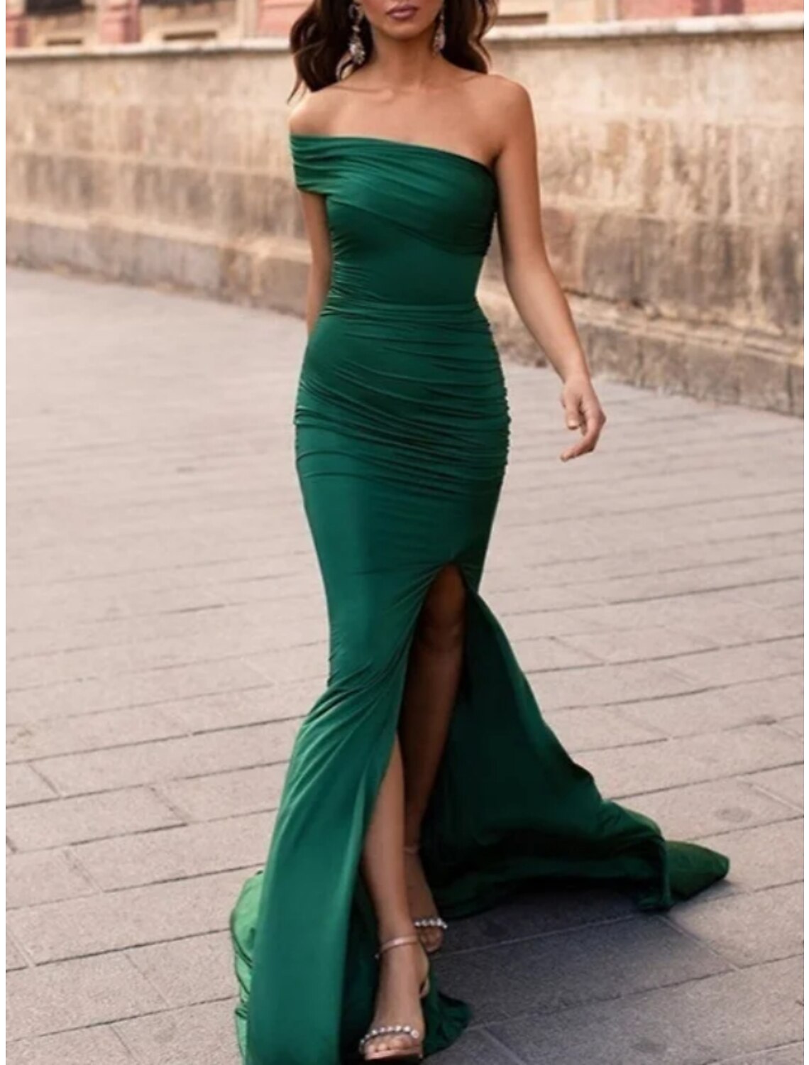 Mermaid / Trumpet Evening Gown Elegant Dress Formal Court Train Christmas Red Green Dress Short Sleeve One Shoulder Stretch Fabric with Pleats Ruched Slit