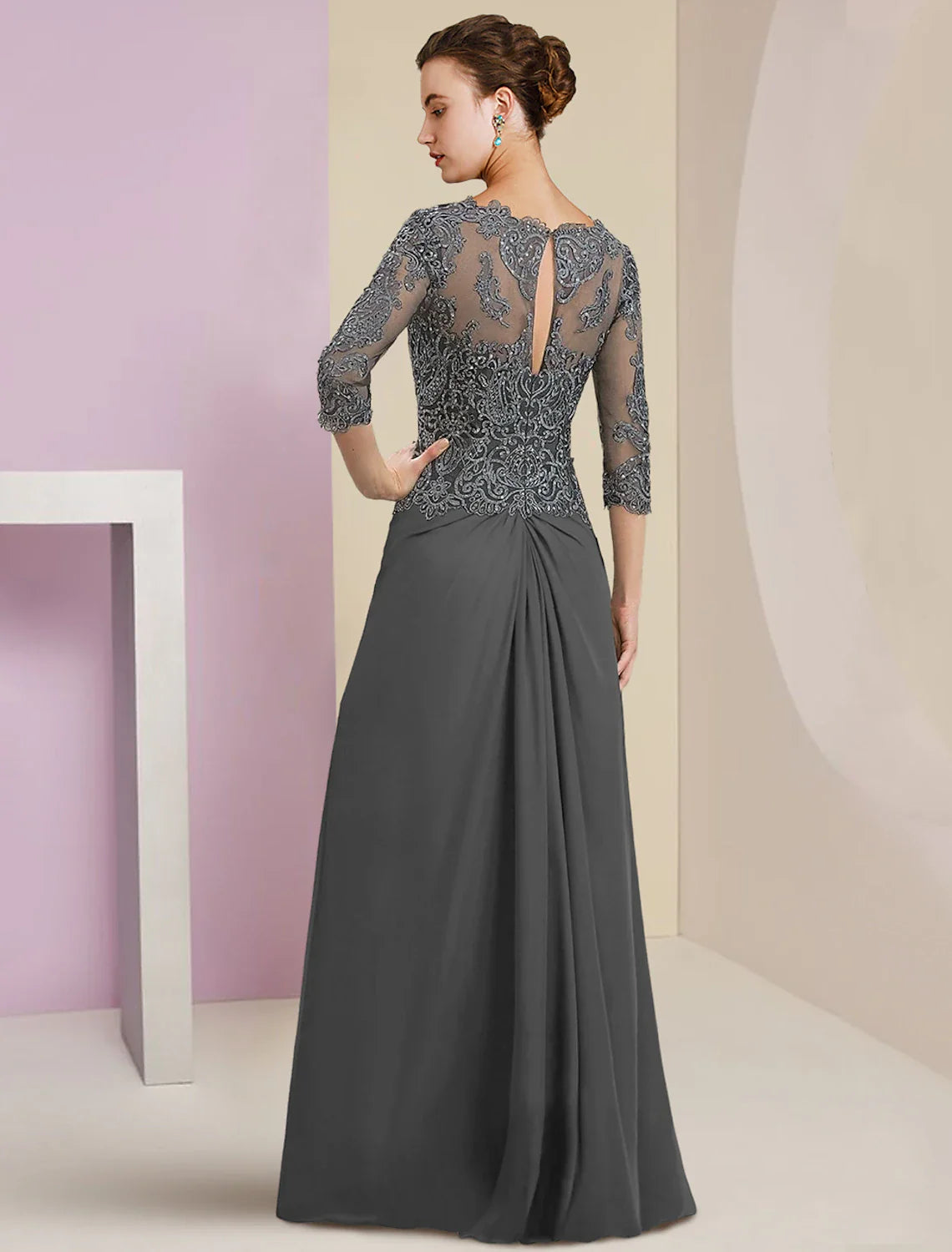 Aimishang  Sheath / Column Mother of the Bride Dress Formal Wedding Guest Elegant V Neck Floor Length Chiffon Lace 3/4 Length Sleeve with Appliques