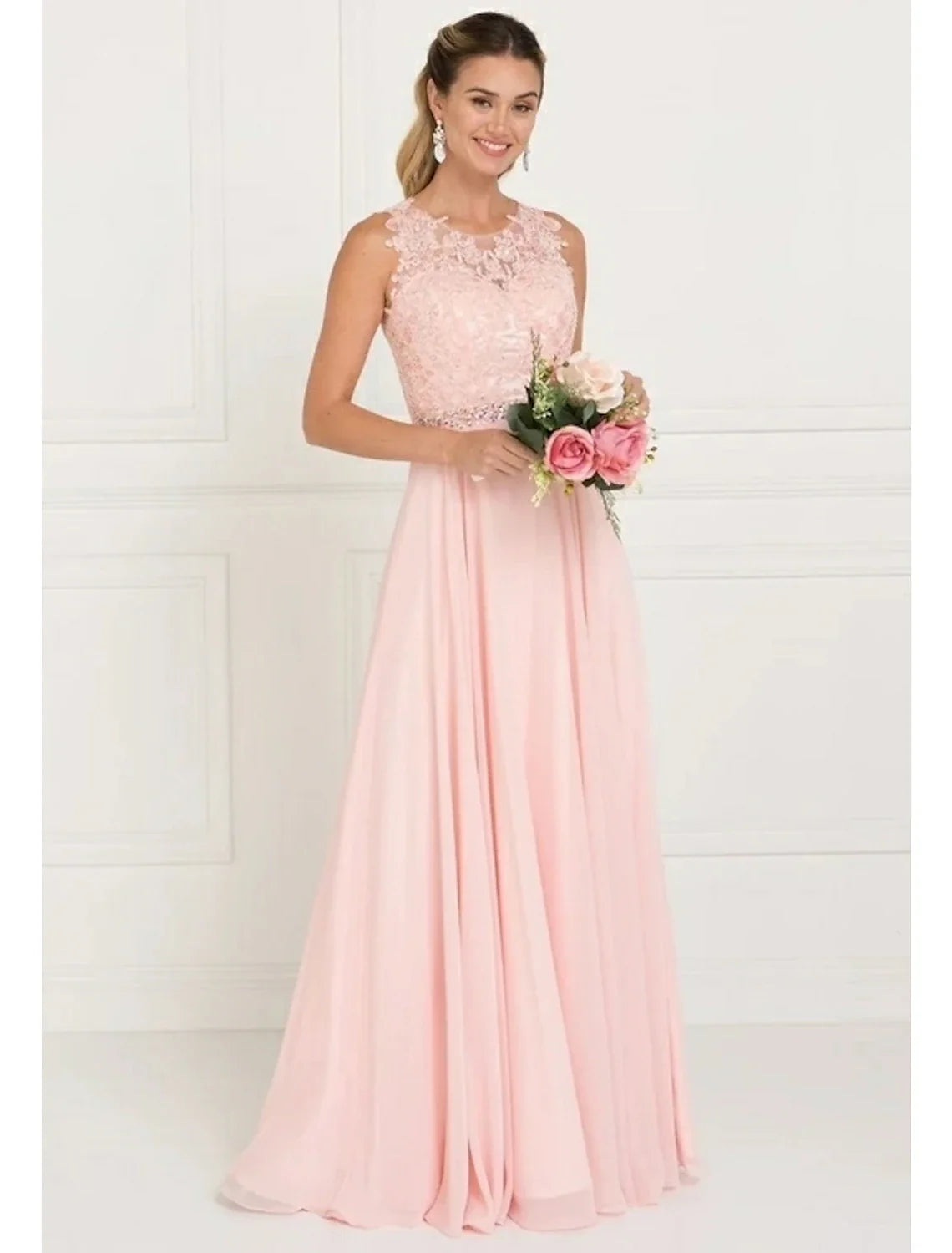 A-Line Bridesmaid Dress Jewel Neck Sleeveless Elegant Sweep / Brush Train Tulle with Lace / Sash / Ribbon