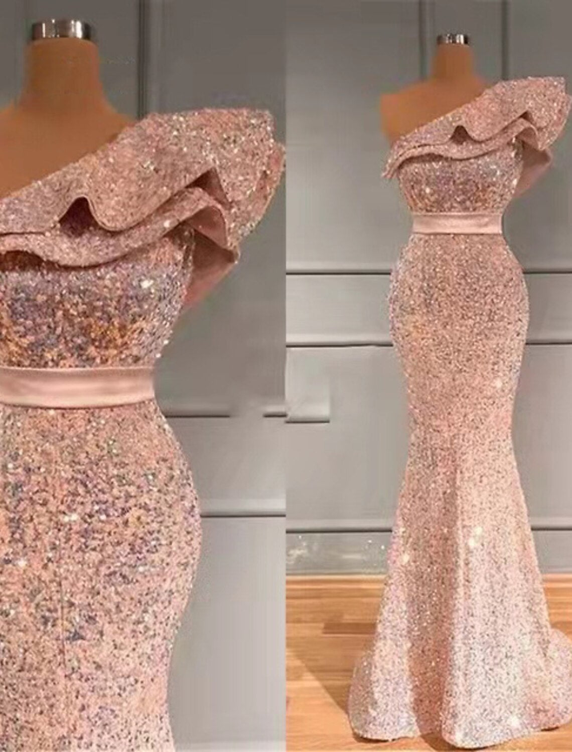 Aimishang Mermaid / Trumpet Evening Gown Sparkle & Shine Dress Wedding Guest Engagement Sweep / Brush Train Sleeveless One Shoulder Sequined with Sequin Ruffles