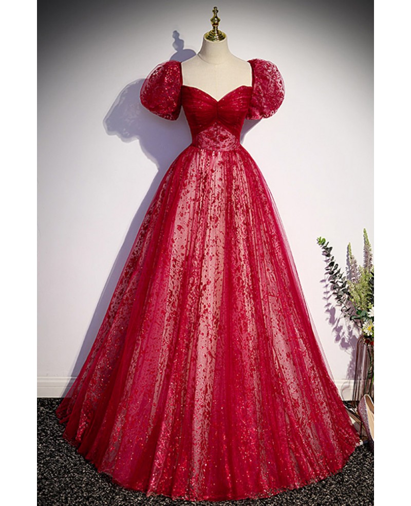 Unique and beautiful wine red sequin square neckline short sleeved ball dress wine red A-shaped/princess fluffy backless tie bow and floor length evening dress