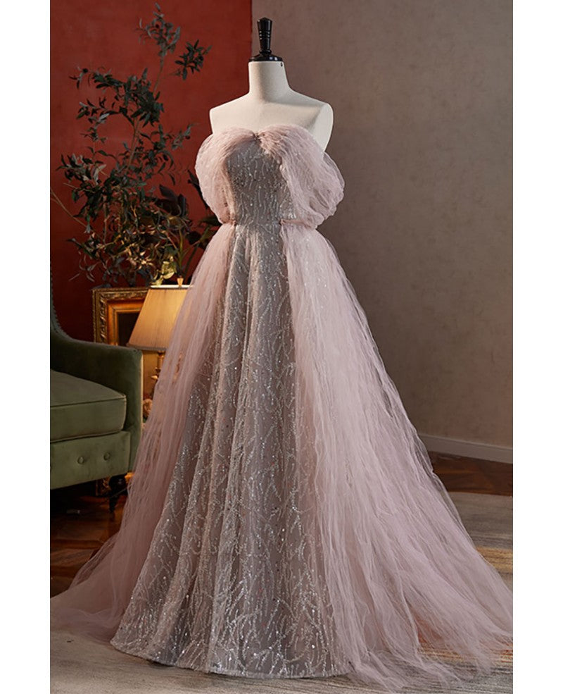 Noble and charming dark pink beaded sequins off the shoulder short sleeved ball dress, dark pink A-shaped princess backless strap and ground length evening dress