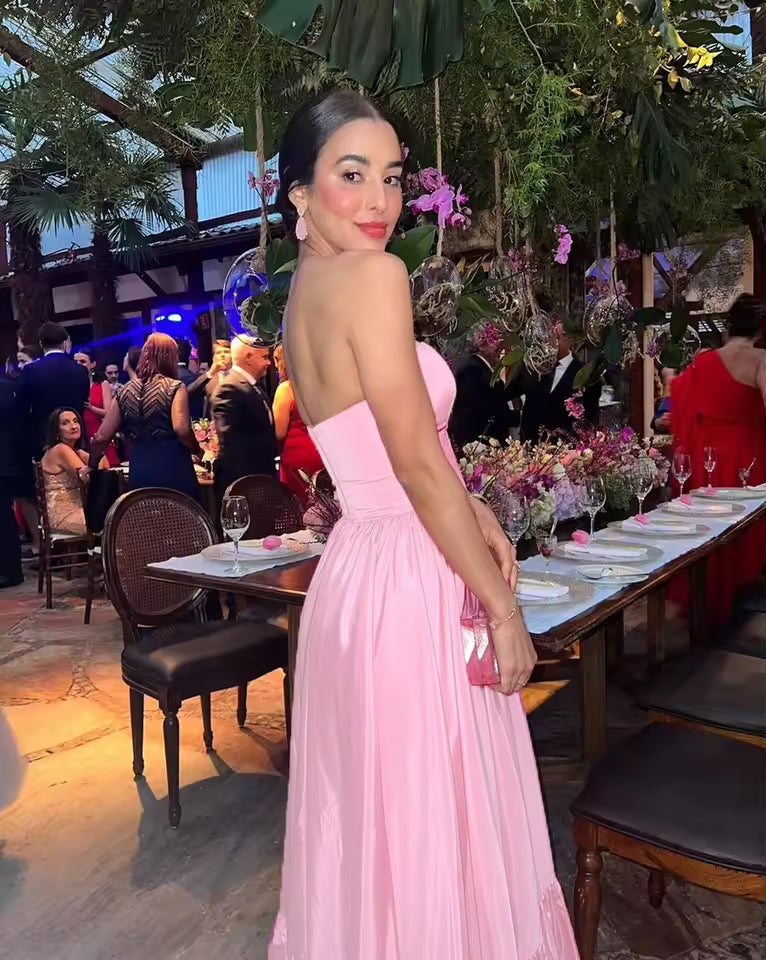 Aimishang Dress Wholesale Elegant Pink Satin Strapless Evening Dress Women A-Line Prom Dress Simple Formal Party Dress