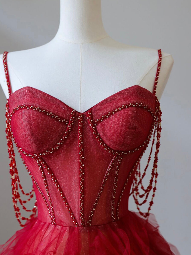 A-Line Sweetheart Neck Tulle Beads Burgundy Long Prom Dress, Burgundy Evening Dress