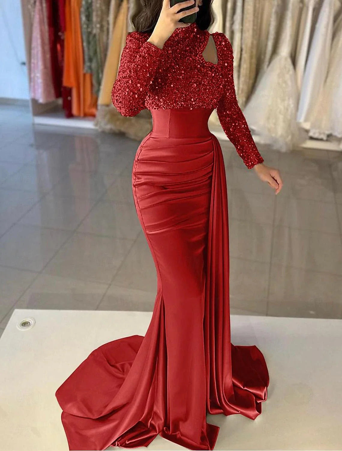 Aimishang Mermaid / Trumpet Evening Gown Elegant Dress Formal Sweep / Brush Train Long Sleeve High Neck Satin with Pearls Sequin