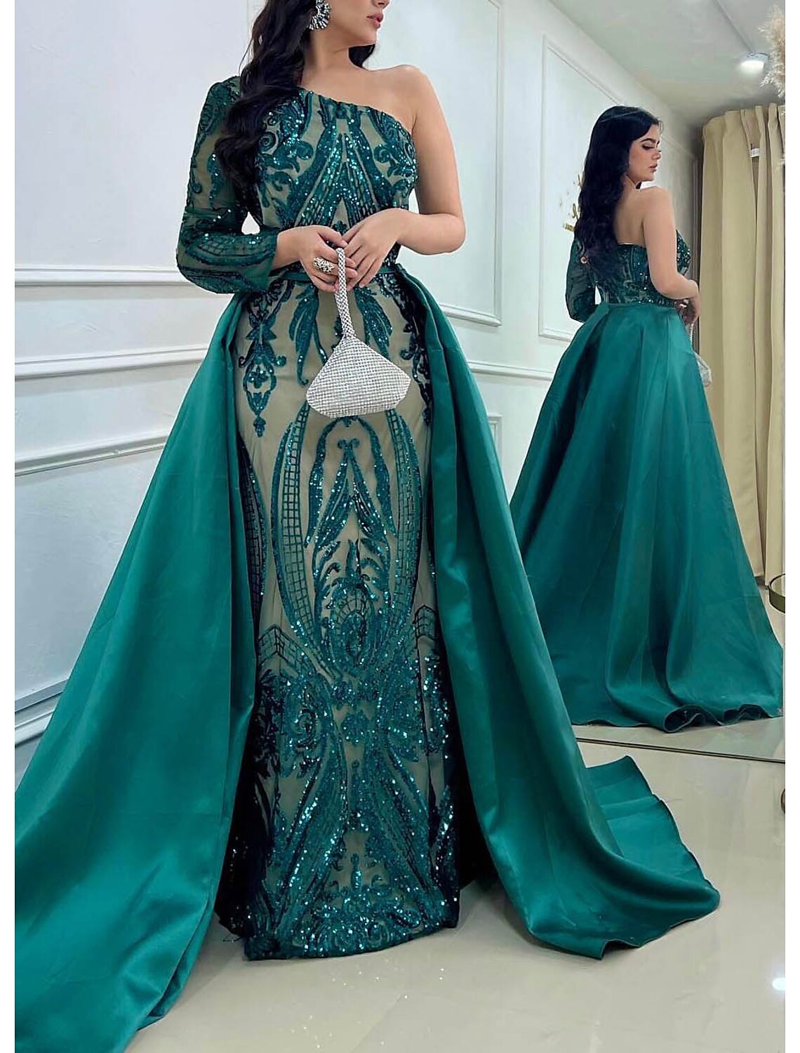 Mermaid / Trumpet Evening Gown Elegant Dress Formal Wedding Court Train Long Sleeve One Shoulder Detachable Satin with Sequin