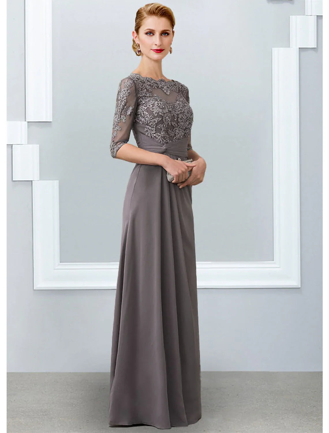 Aimishang  Sheath / Column Mother of the Bride Dress Elegant Jewel Neck Floor Length Chiffon Lace 3/4 Length Sleeve with Appliques