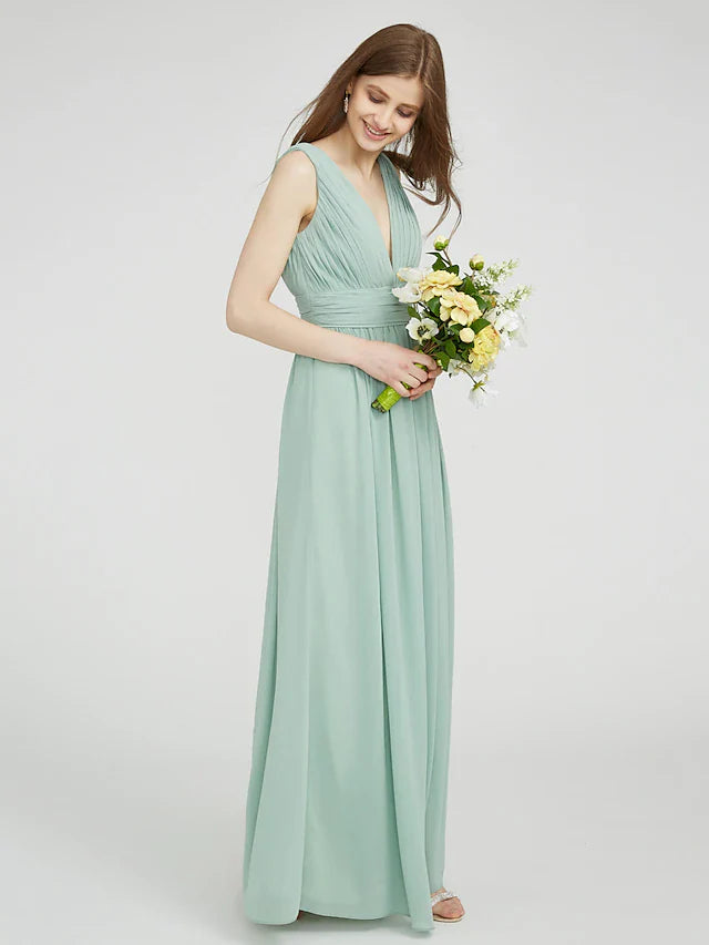 Sheath / Column Bridesmaid Dress V Neck Sleeveless Elegant Floor Length Chiffon with Ruched / Side Draping