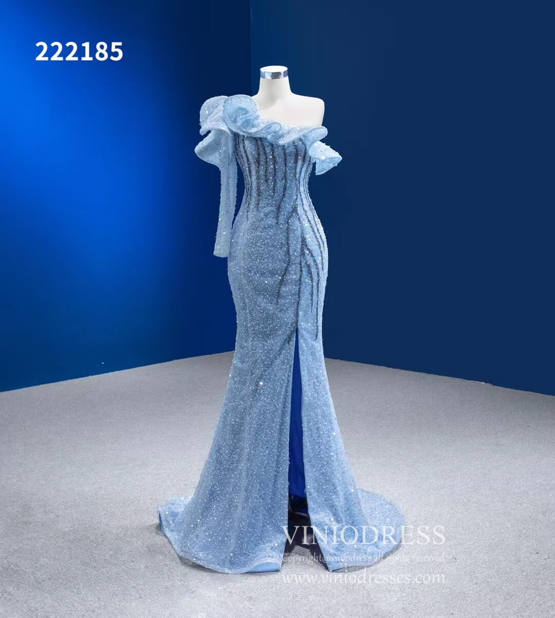 Dusty Blue Pageant Dress One Shoulder Long Sleeve Mermaid Formal Evening Gowns 222185