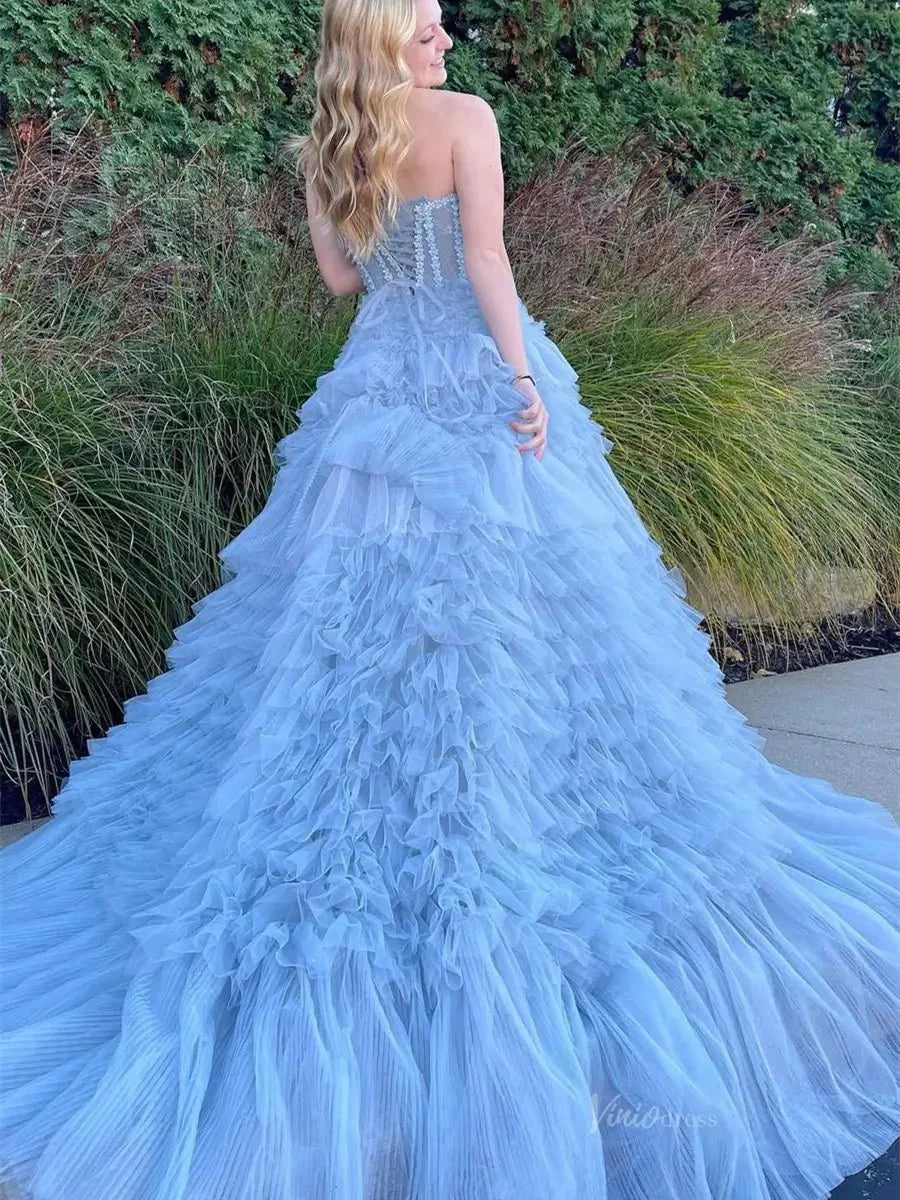 Dusty Blue Ruffled Tiered Prom Dresses Strapless Pleated Tulle Formal Dress - FD3718