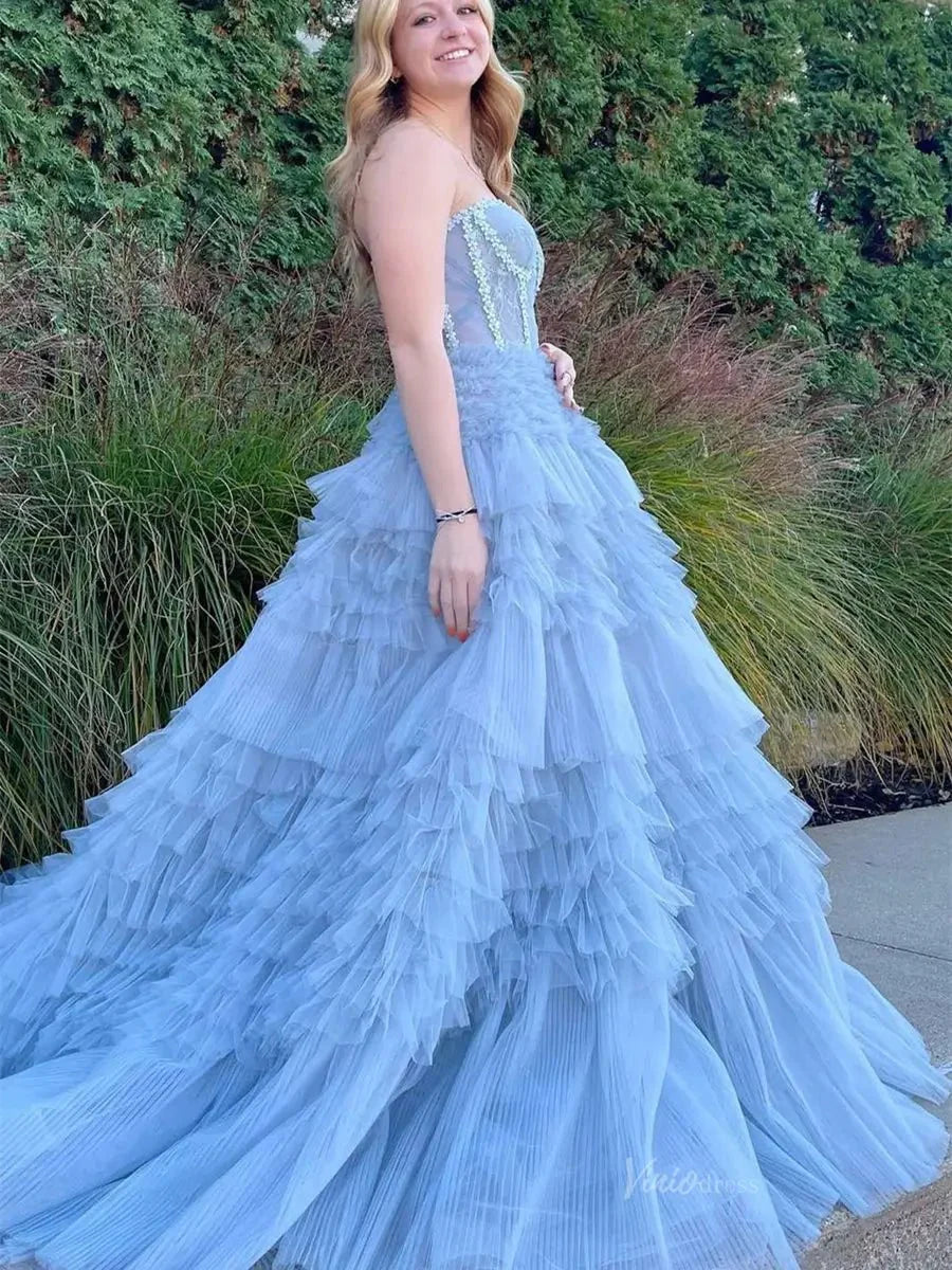 Dusty Blue Ruffled Tiered Prom Dresses Strapless Pleated Tulle Formal Dress - FD3718