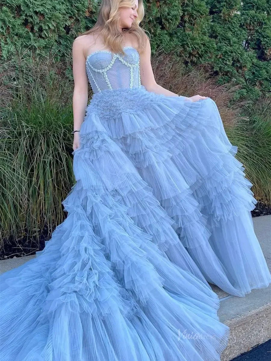 Dusty Blue Ruffled Tiered Prom Dresses Strapless Pleated Tulle Formal Dress - FD3718