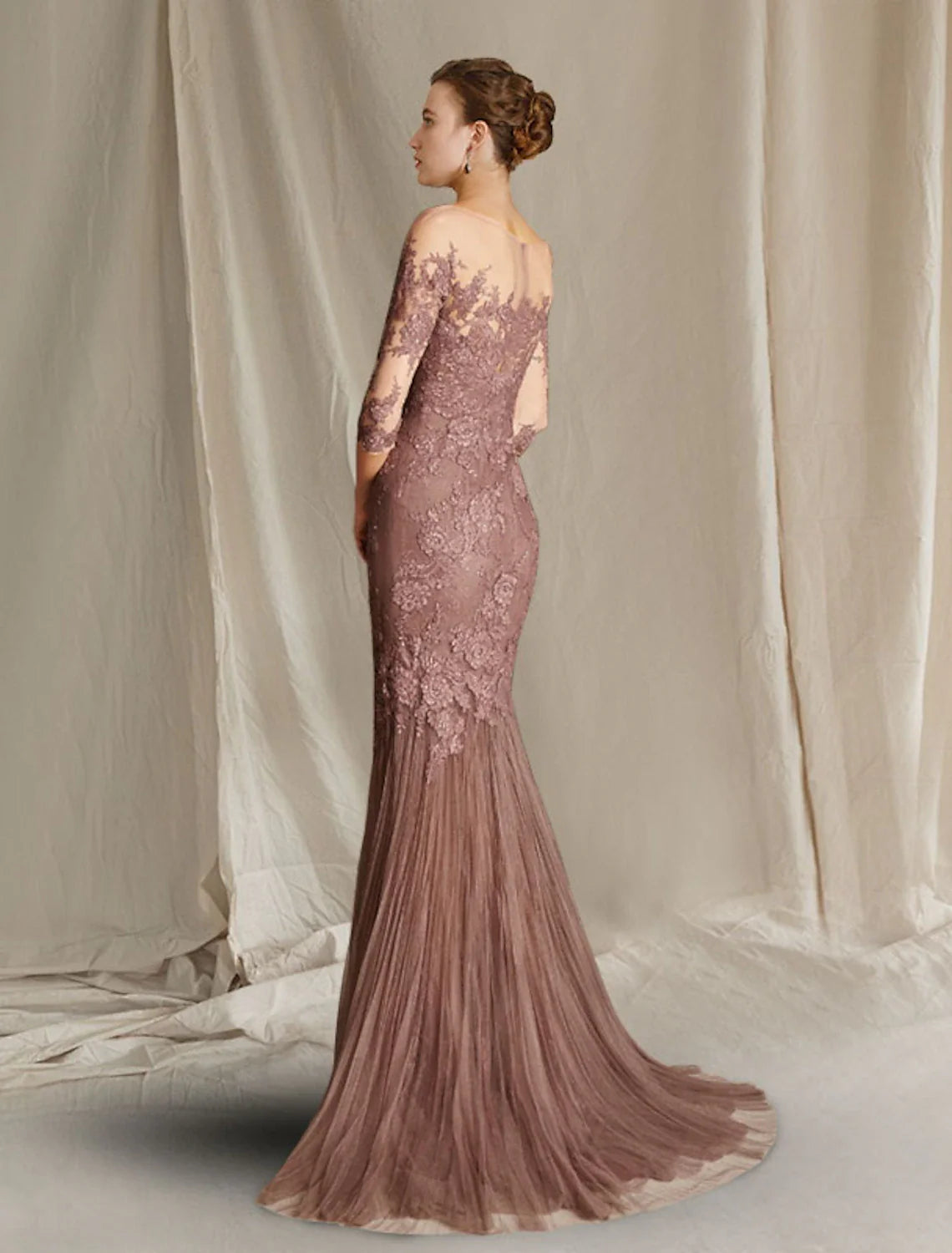 Aimishang  Mermaid / Trumpet Mother of the Bride Dress Formal Wedding Guest Elegant Scoop Neck Sweep / Brush Train Lace Tulle Half Sleeve with Appliques