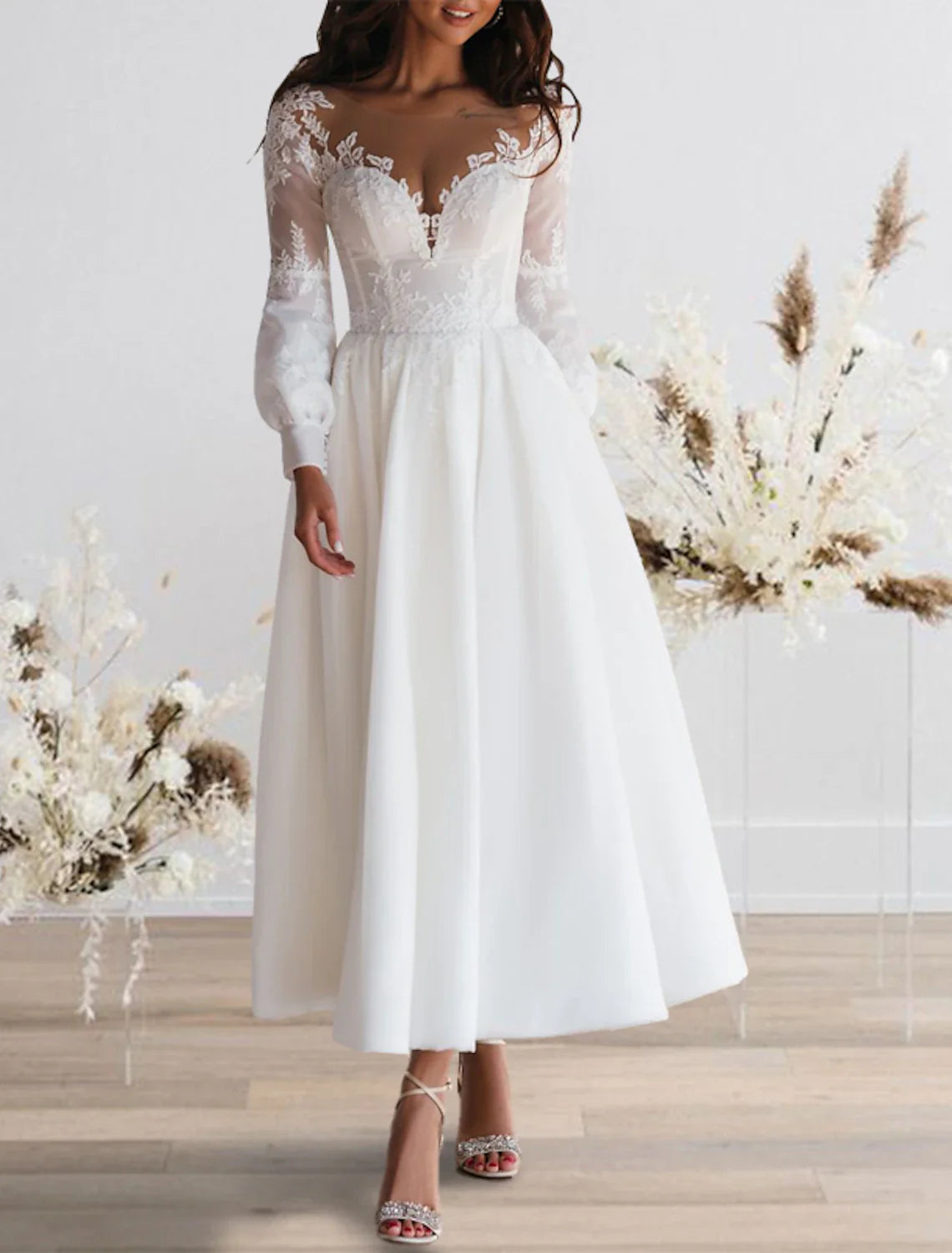 Aimishang Reception Simple Wedding Dresses Wedding Dresses A-Line Sweetheart Camisole Spaghetti Strap Tea Length Satin Bridal Gowns With Solid Color