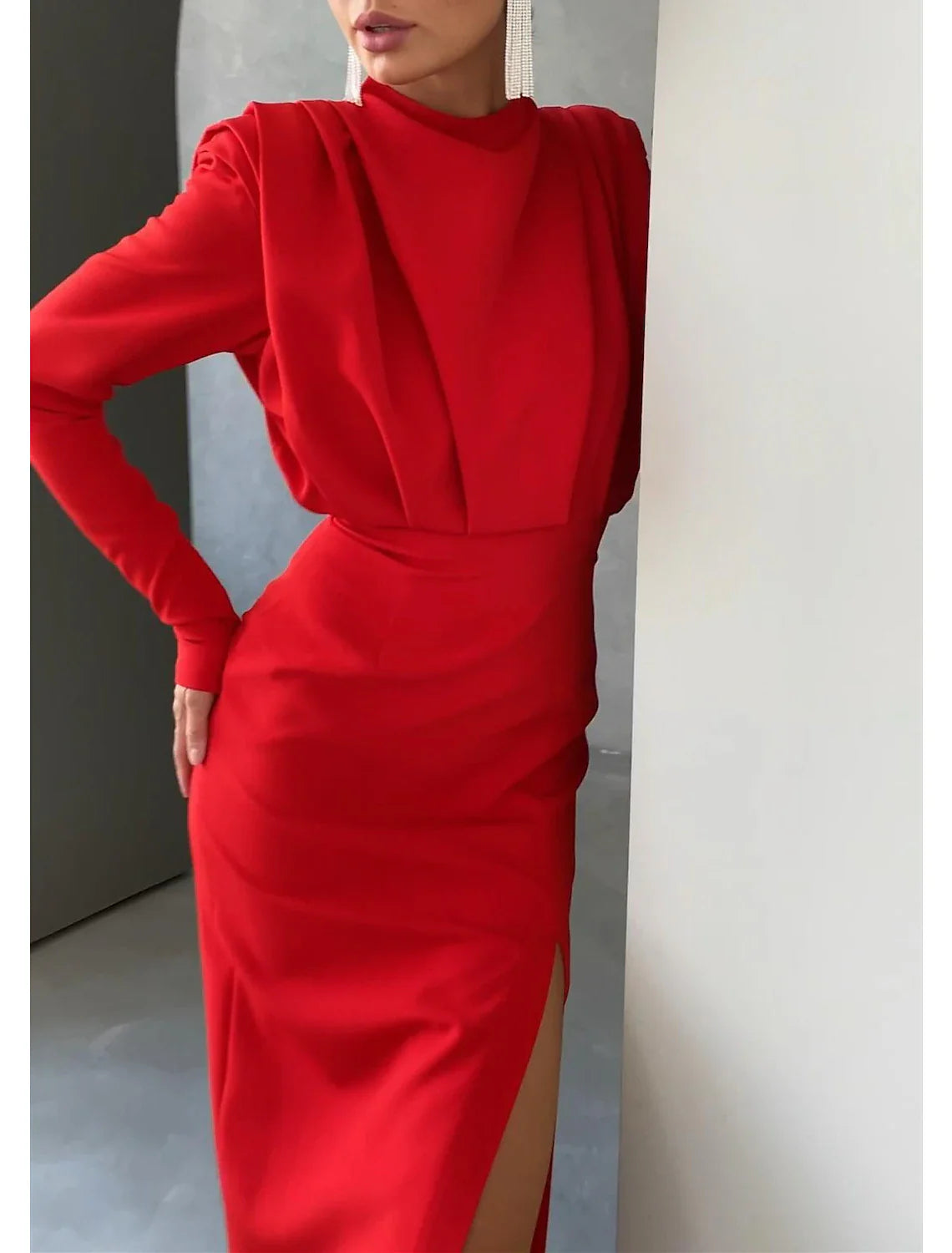 Sheath Evening Gown Elegant Dress Formal Red Green Dress Floor Length Long Sleeve High Neck Stretch Fabric with Ruched Slit