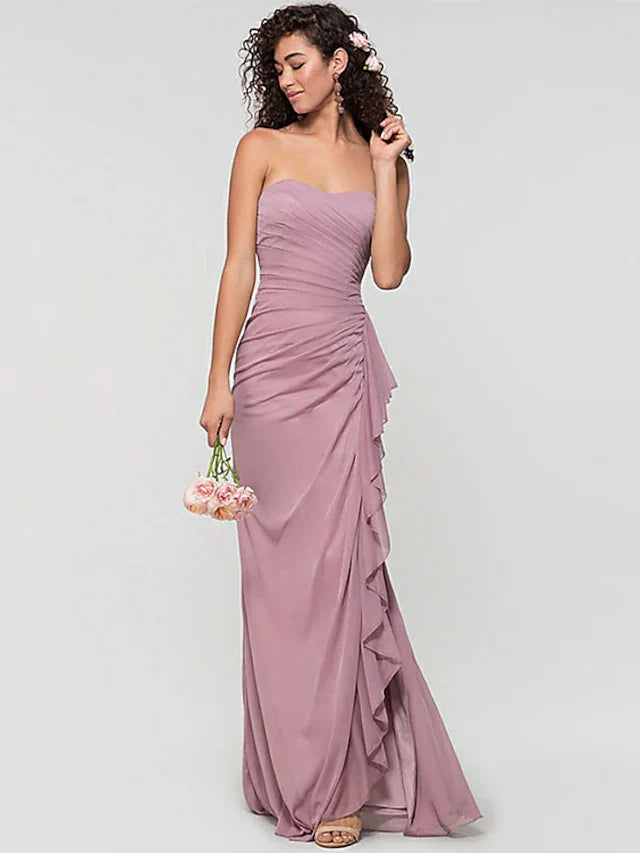 Sheath / Column Bridesmaid Dress Sweetheart Neckline Sleeveless Open Back Sweep / Brush Train Chiffon with Ruffles / Split Front / Ruching