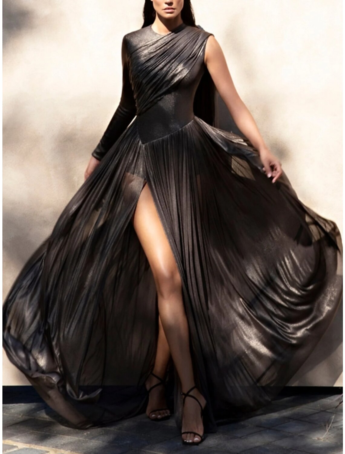 Sheath / Column Evening Gown High Split Dress Formal Fall Sweep / Brush Train Long Sleeve Jewel Neck Tulle with Pleats Slit 2025