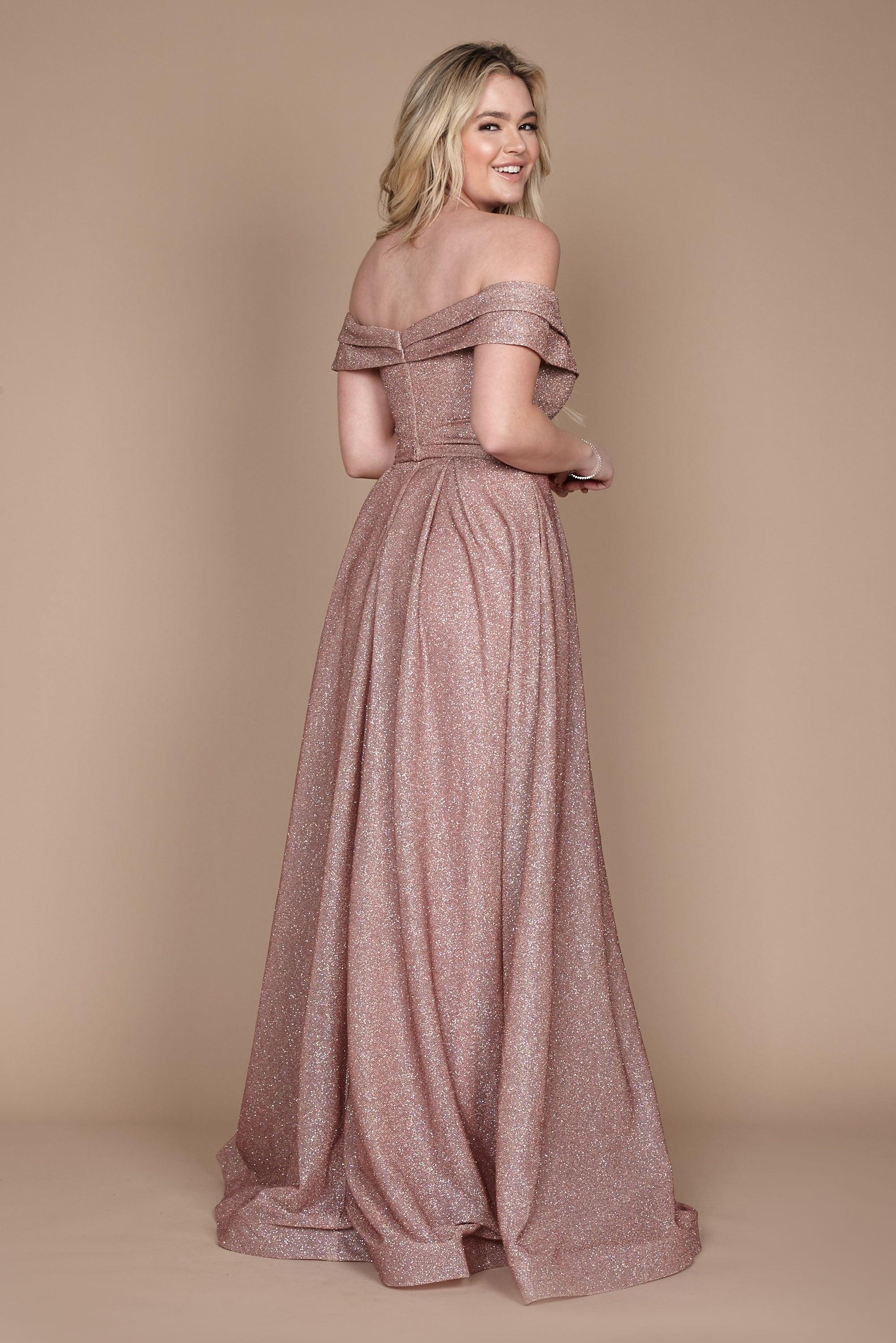 Long Off Shoulder Glitter Prom Dress