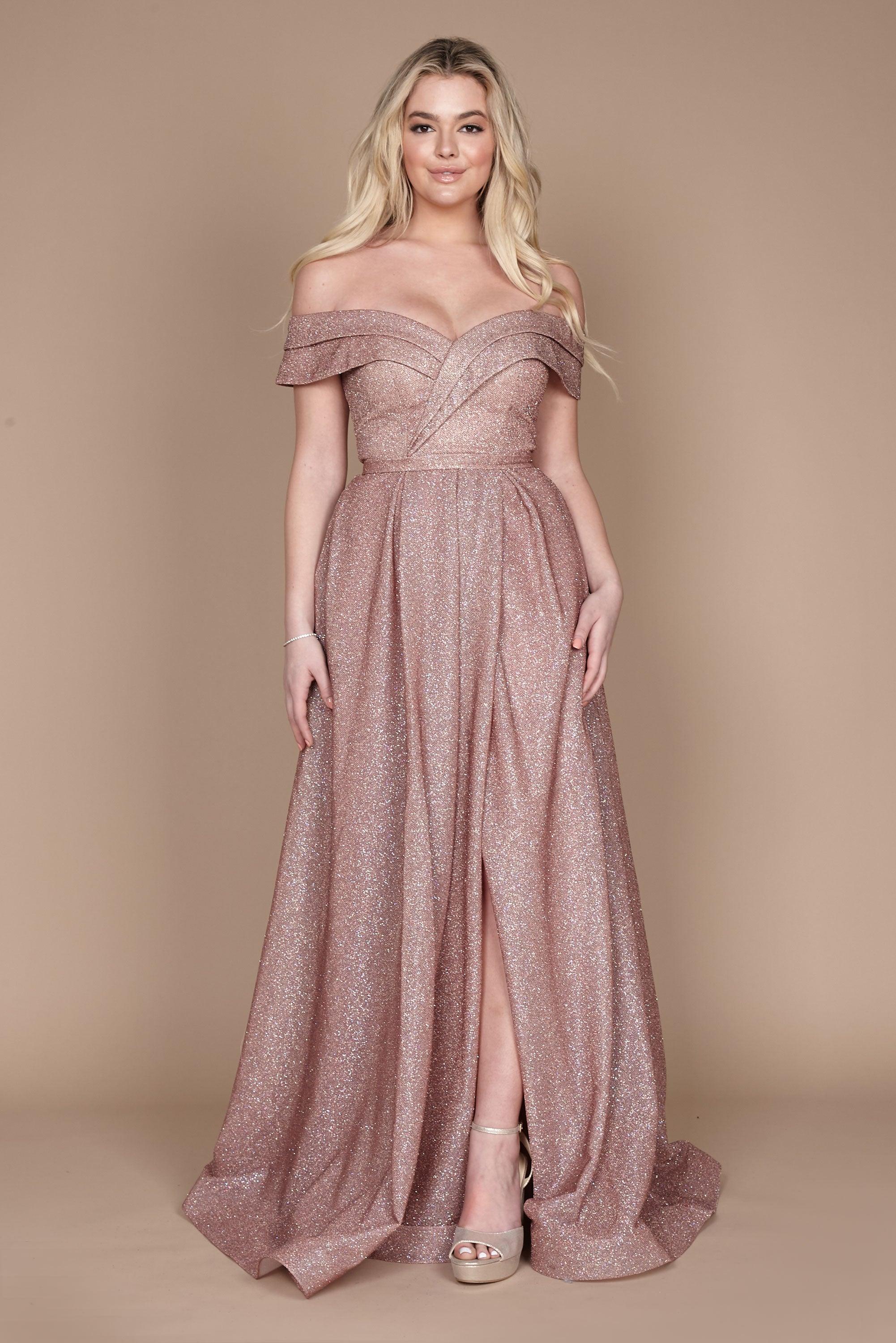 Long Off Shoulder Glitter Prom Dress