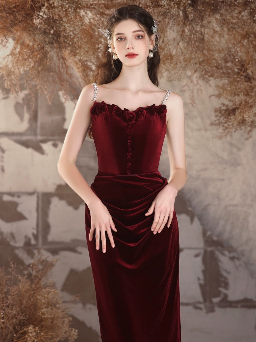 Simple Velvet Mermaid Burgundy Long Prom Dress, Burgundy Long Formal Dress