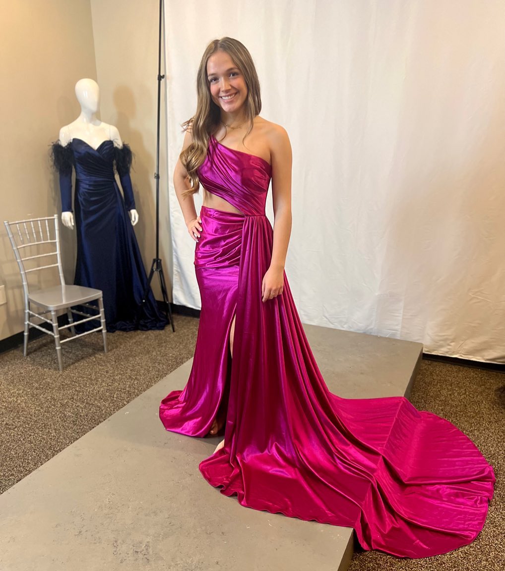  Charming Mermaid One Shoulder Satin Prom Dresses with Slit