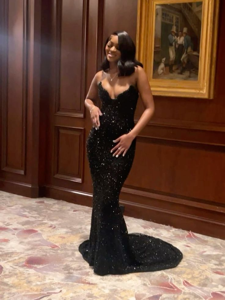 Black Mermaid Long Prom Dress Evening Gown Luxury Elegant