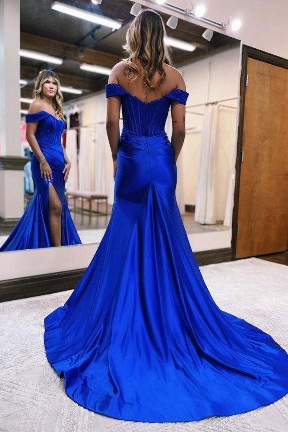 2024 Off the Shoulder Satin Prom Dresses with Lace Top and Slit