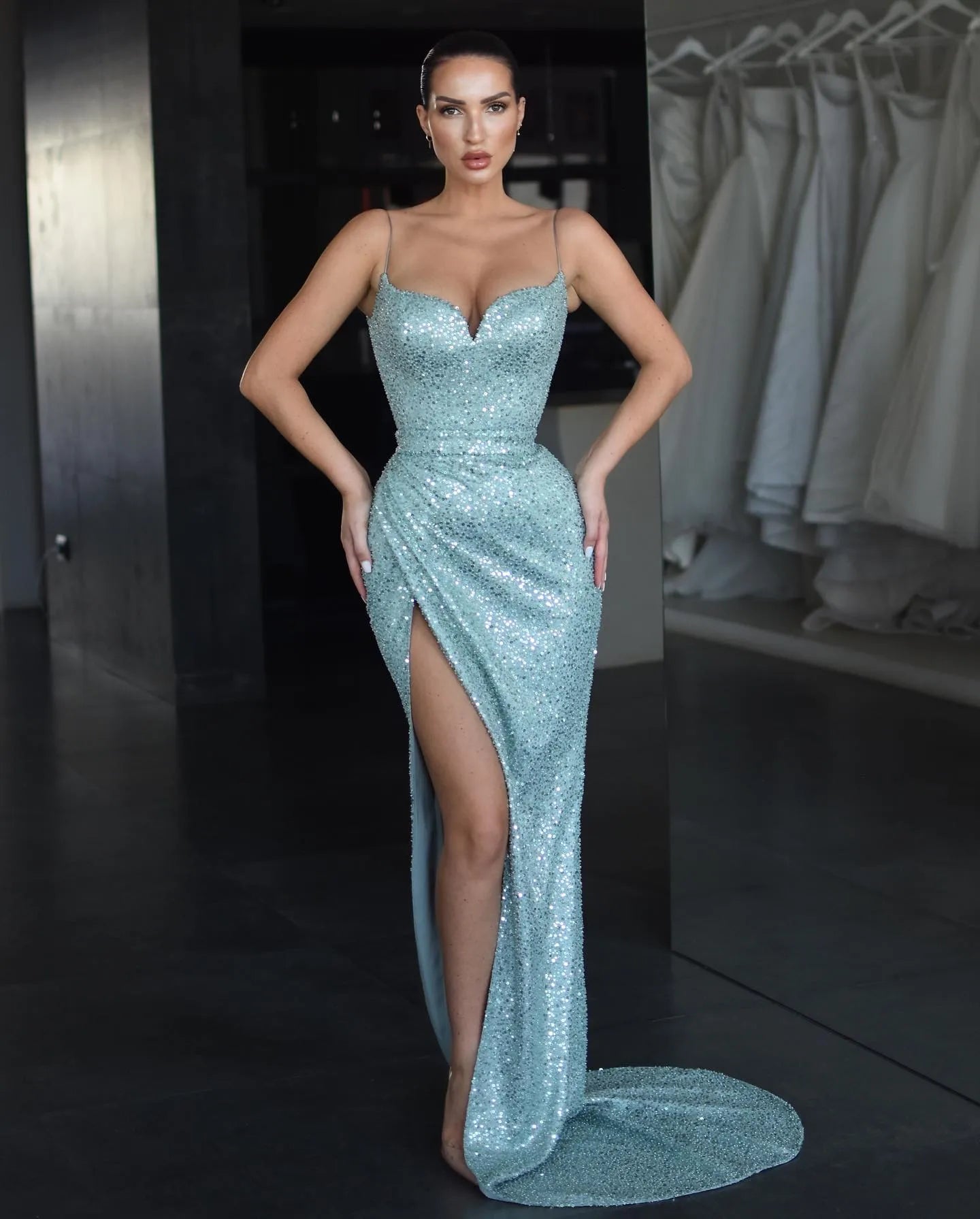 Aimishang Elegant Blue Mermaid Prom Dresses Spaghetti Sequins Evening Dress Lace Up Back Pleats Split Formal Long Special Occasion Party dress