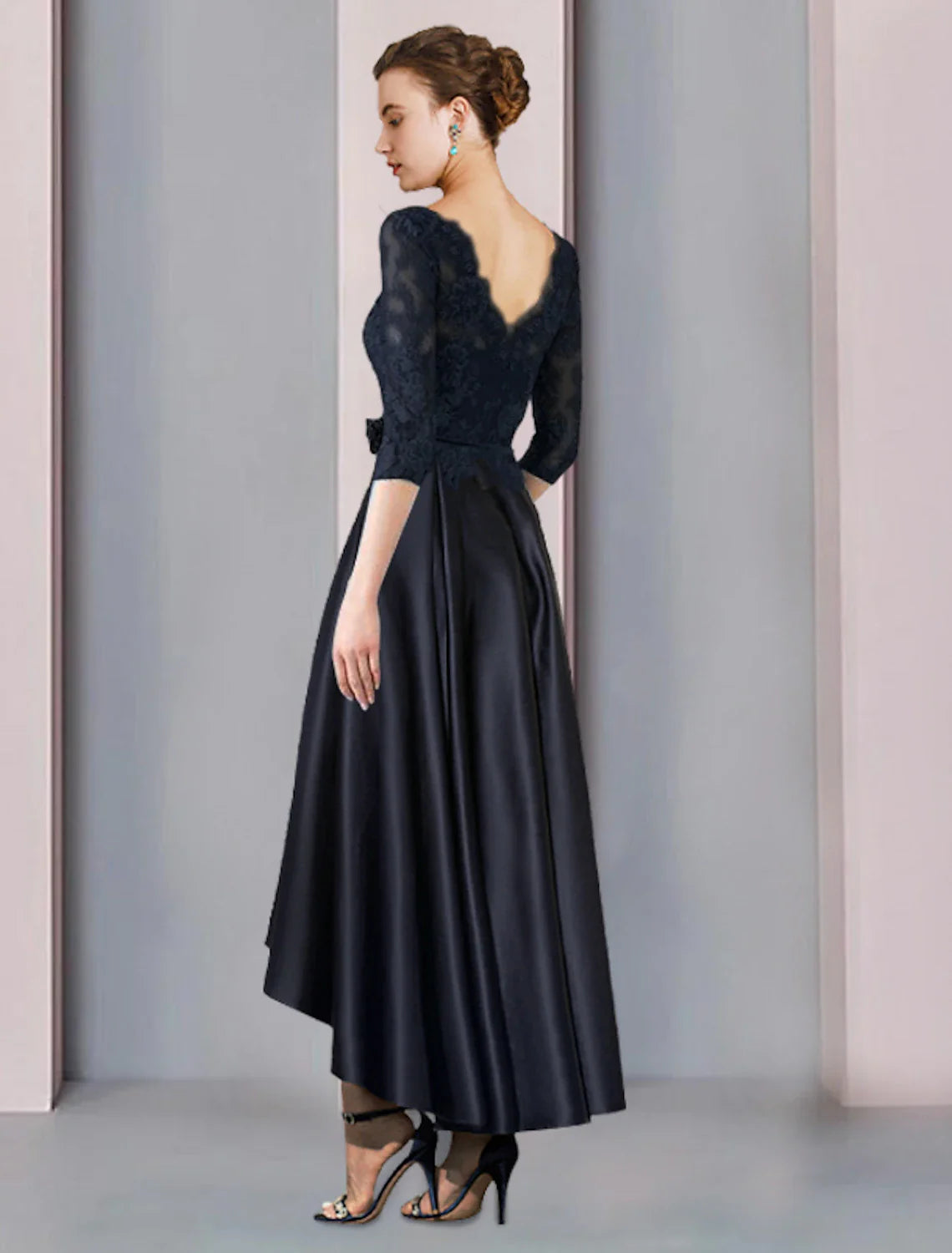 Aimishang  A-Line Mother of the Bride Dress Wedding Guest Elegant High Low Scoop Neck Asymmetrical Tea Length Satin Lace 3/4 Length Sleeve with Pleats Appliques Flower