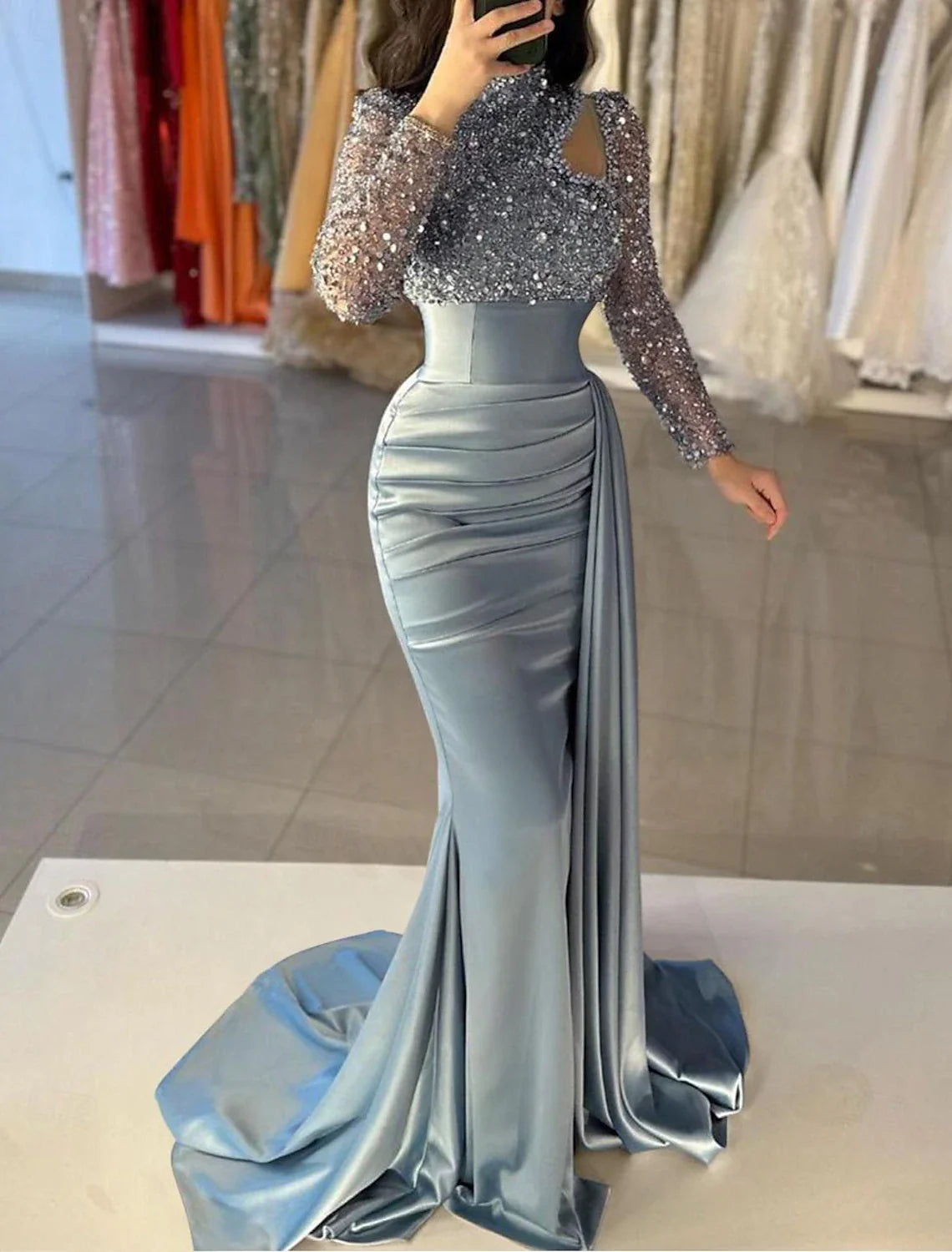 Aimishang Mermaid / Trumpet Evening Gown Elegant Dress Formal Sweep / Brush Train Long Sleeve High Neck Satin with Pearls Sequin