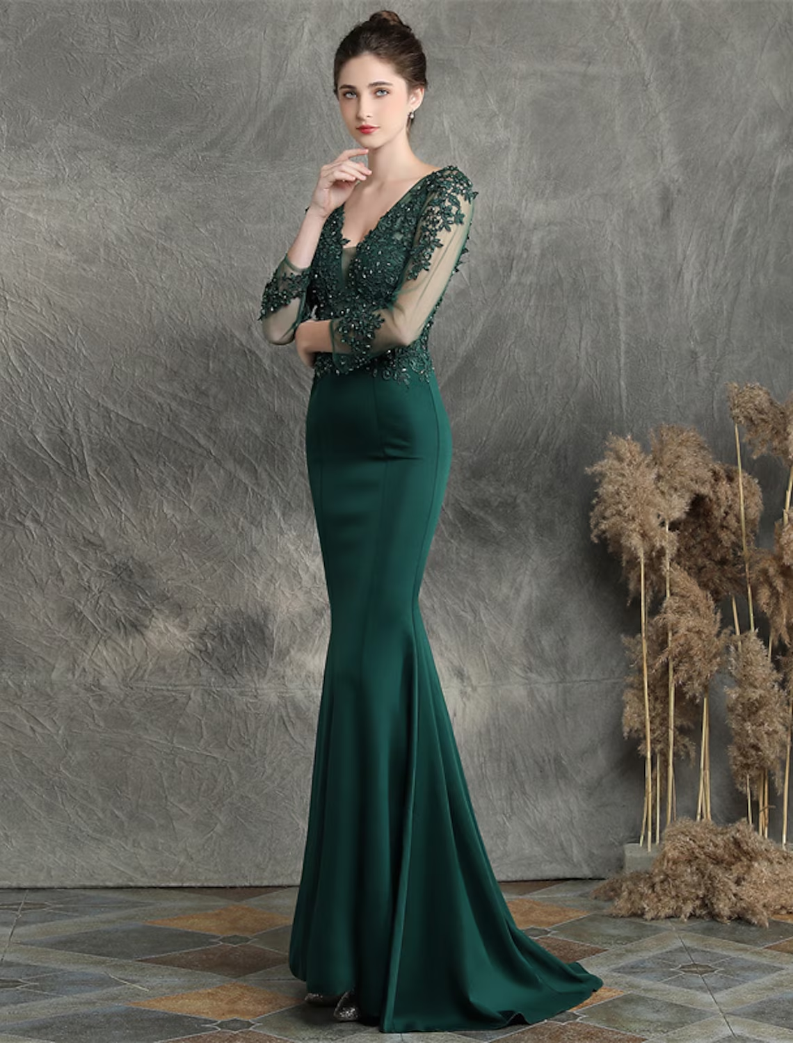 Prom Dresses Elegant Dress Formal Long Sleeve V Neck Cotton Blend with Beading Appliques