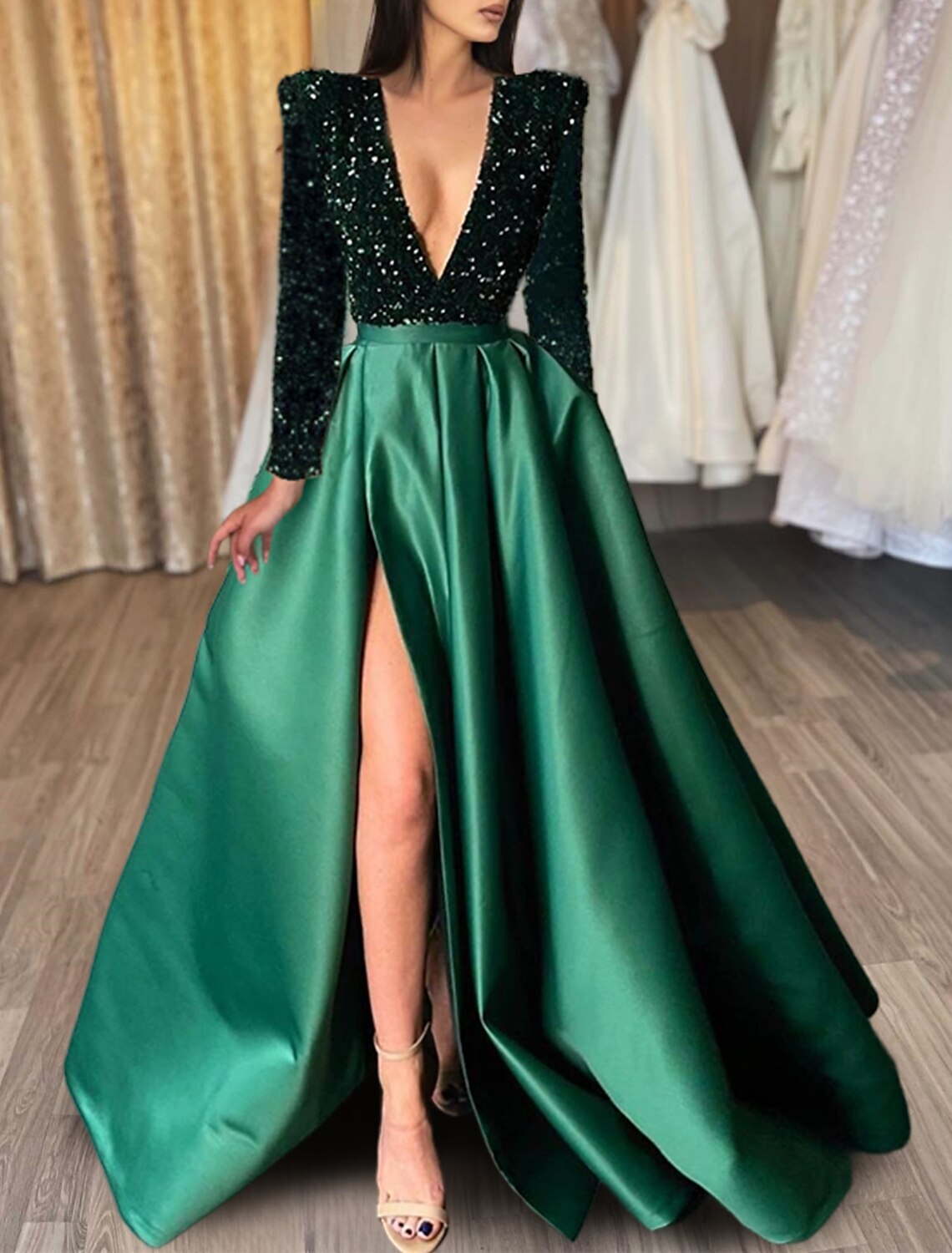 A-Line Evening Gown Red Green Dress Formal Black Dress Plus Size Wedding Court Train Half Sleeve V Neck Satin with Sequin Slit