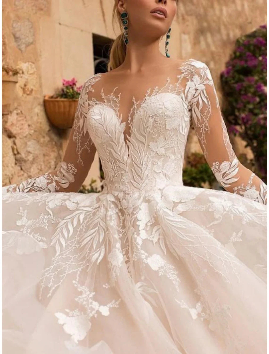 Aimishang Formal Wedding Dresses A-Line V Neck Long Sleeve Court Train Tulle Bridal Gowns With Pleats Appliques