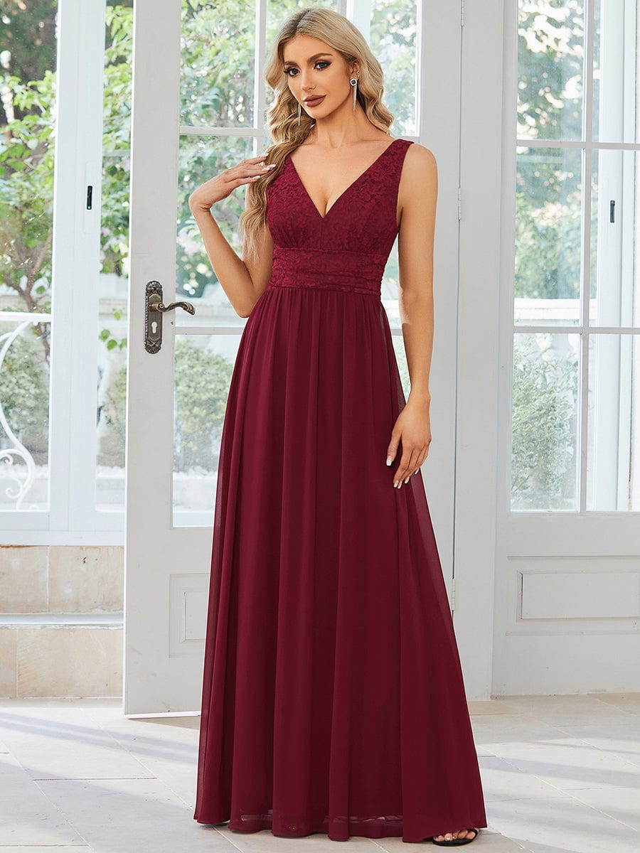 Weitese Lace Empire Waist V-Back Sleeveless Chiffon Evening Dress