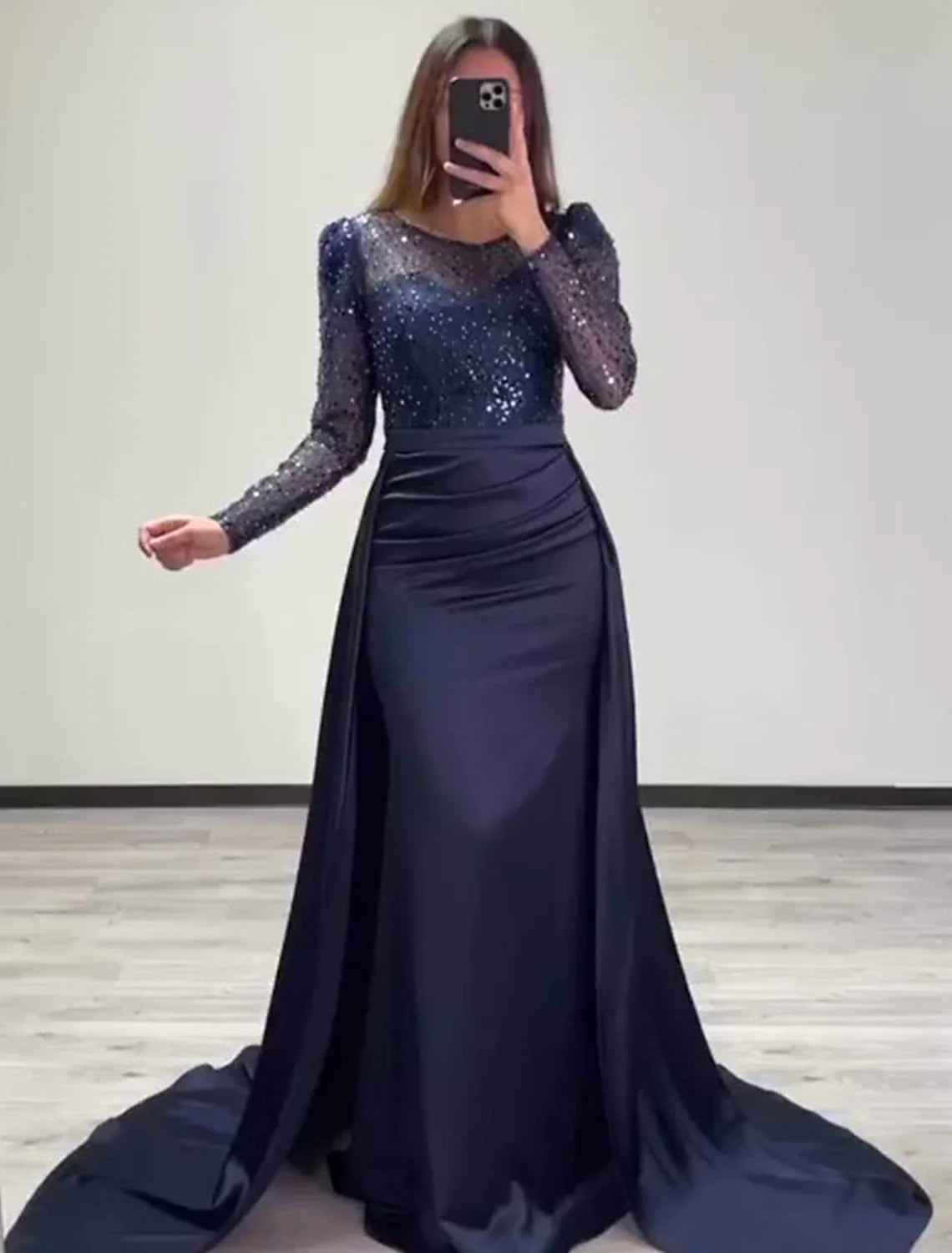Aimishang Mermaid Sequin Evening Gown Ruched Satin Dress Long Sleeves Floor Length Sparkle Illusion Neck Fall Wedding Guest Dress with Pearls Overskirt