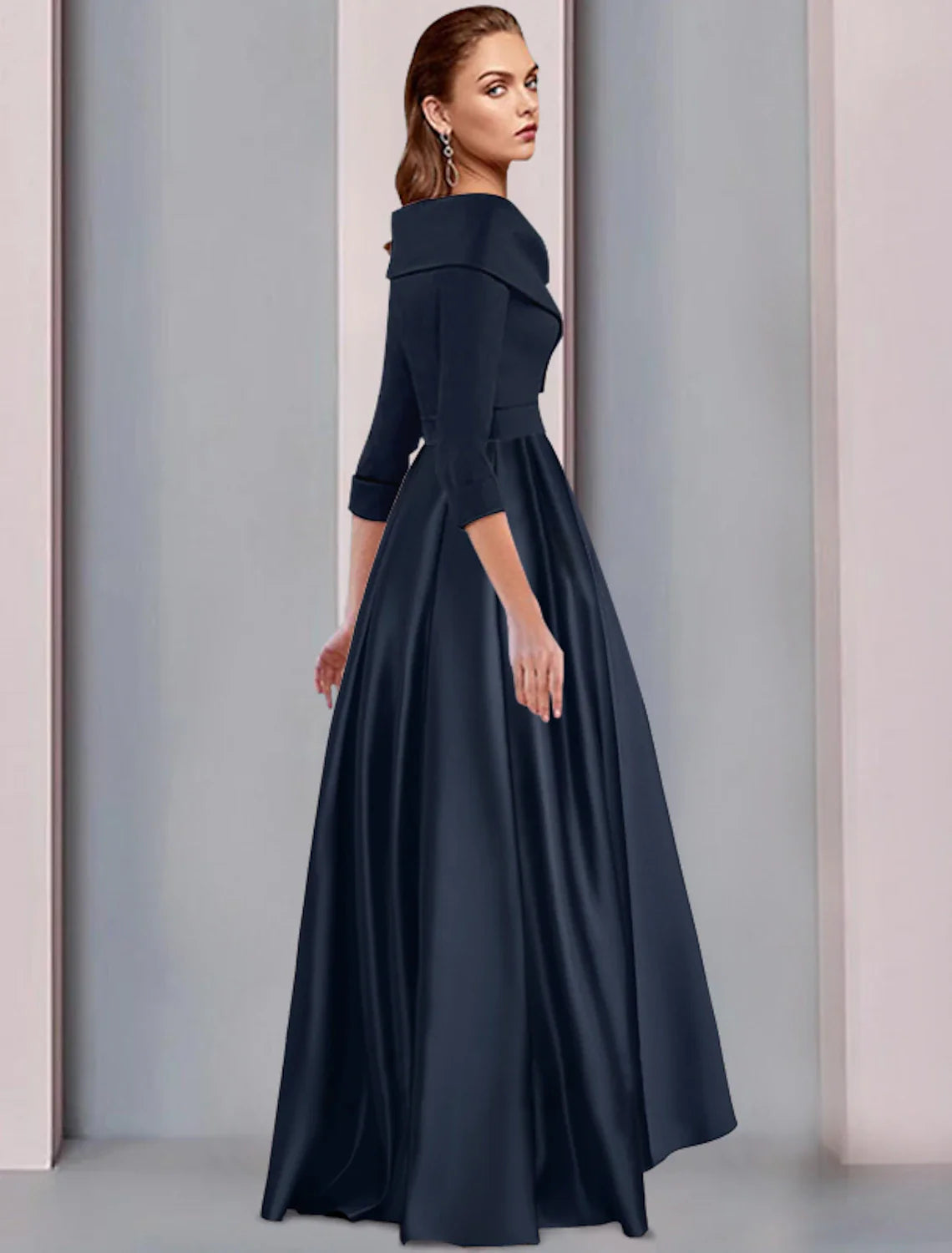 Aimishang  A-Line Mother of the Bride Dress Wedding Guest Elegant High Low Sweet Spaghetti Strap Asymmetrical Tea Length Satin 3/4 Length Sleeve with Pleats Fall