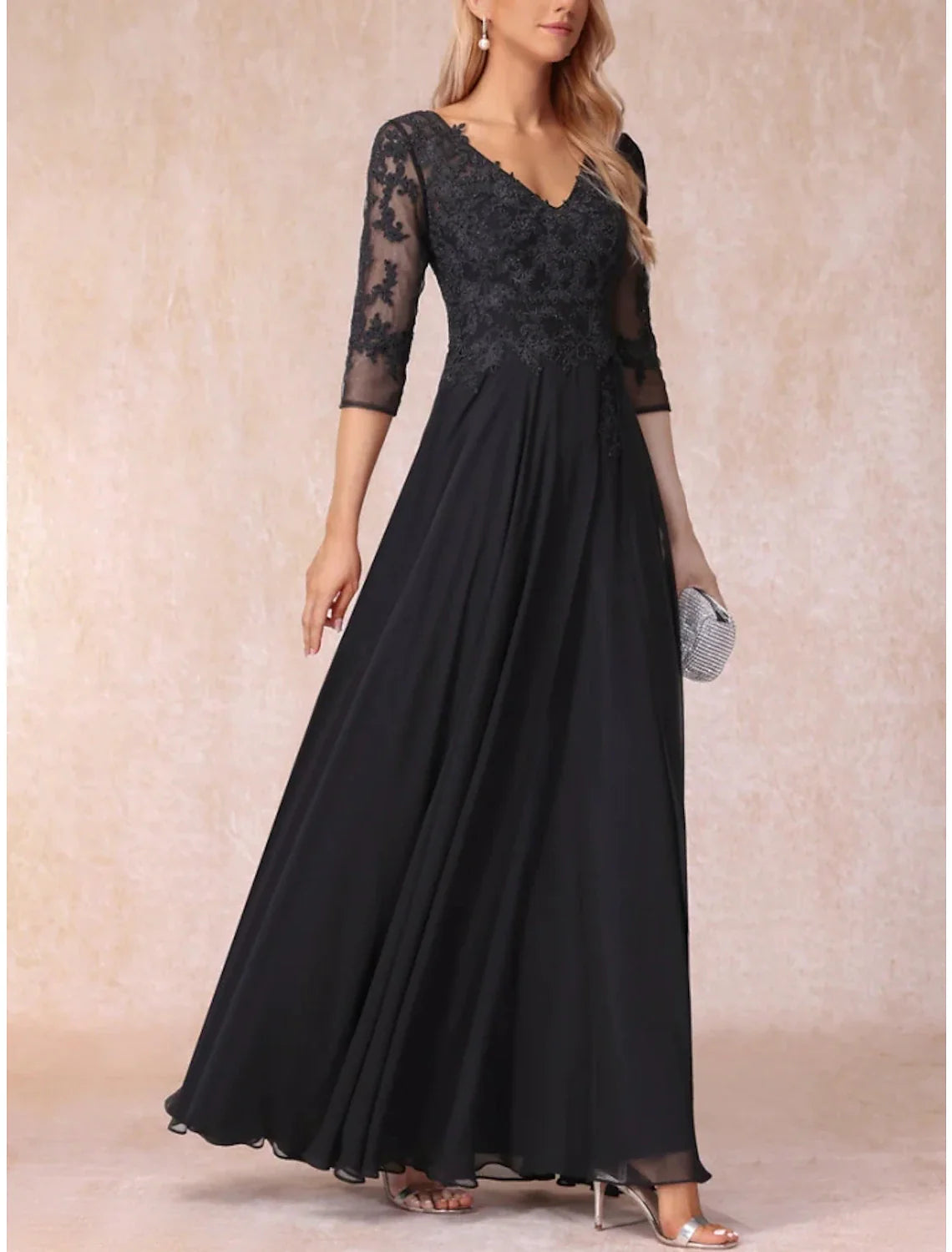 Aimishang A-Line Mother of the Bride Dress Wedding Guest Elegant V Neck Floor Length Chiffon Lace 3/4 Length Sleeve with Ruching Solid Color