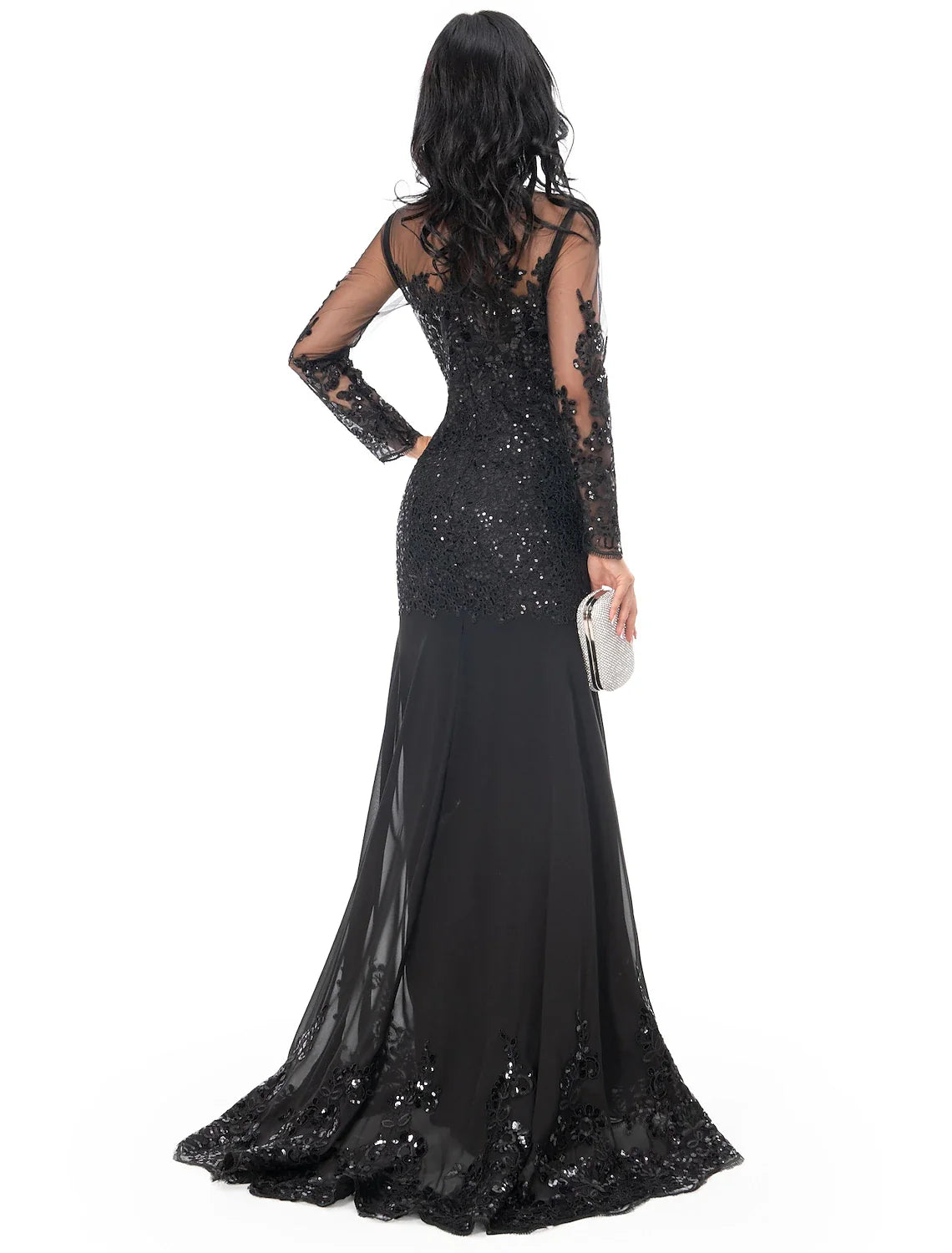 Mermaid Black Dress Evening Gown Sequin Prom Dress Sparkle Formal Gown Sweep / Brush Train Long Sleeve Illusion Neck Lace with Appliques 2025