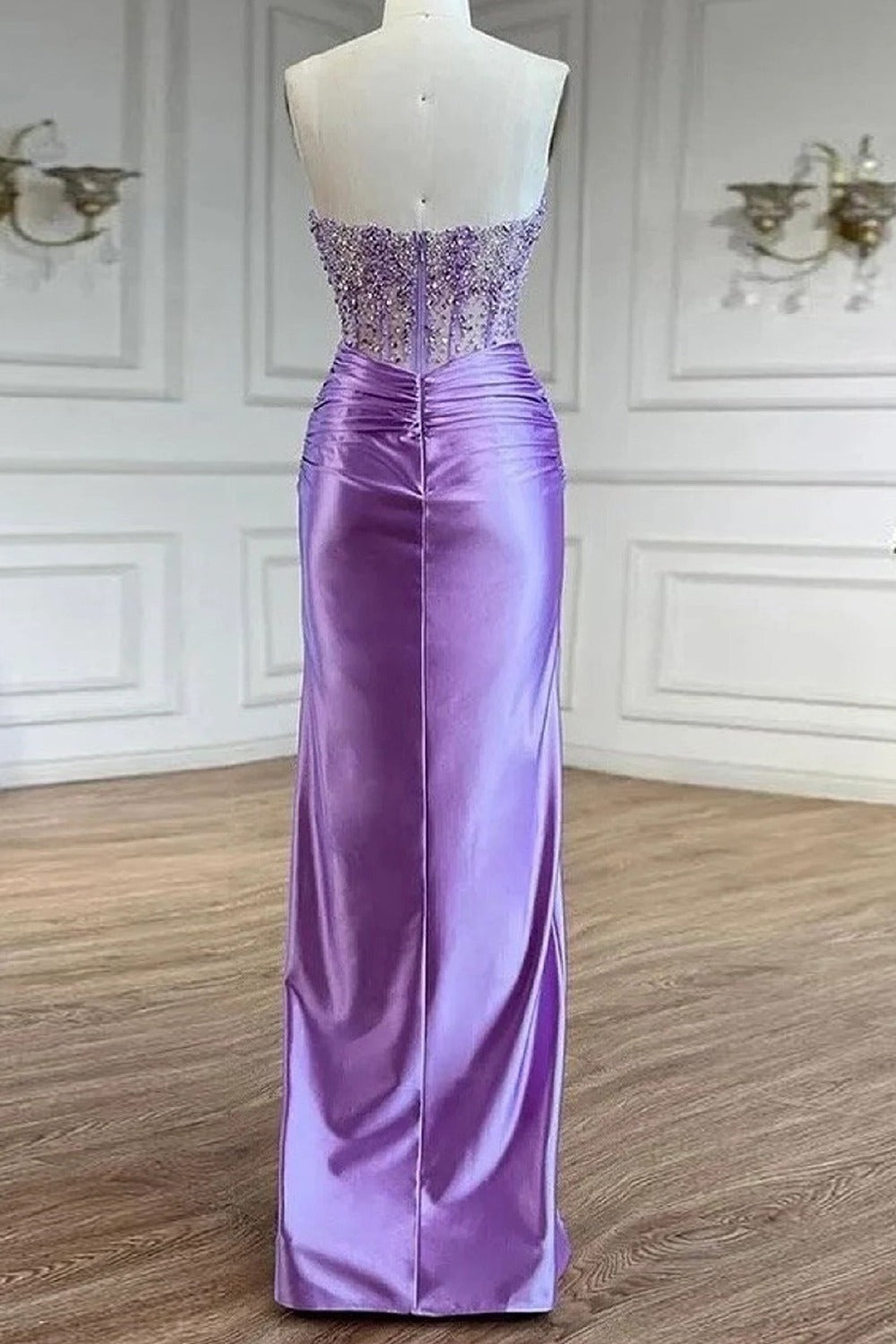 Purple Sweetheart Mermaid Satin Long Prom Dress with Beading