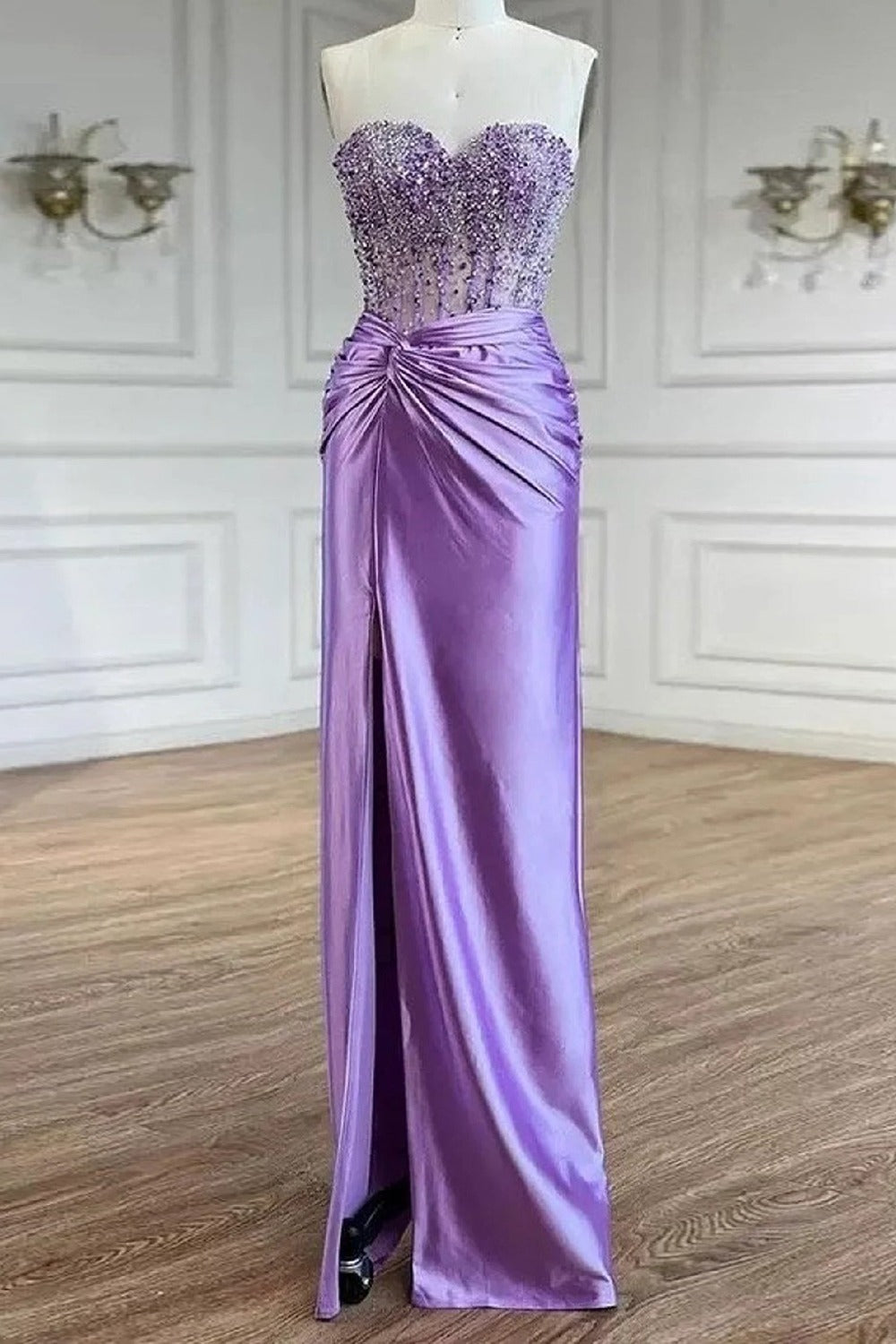Purple Sweetheart Mermaid Satin Long Prom Dress with Beading
