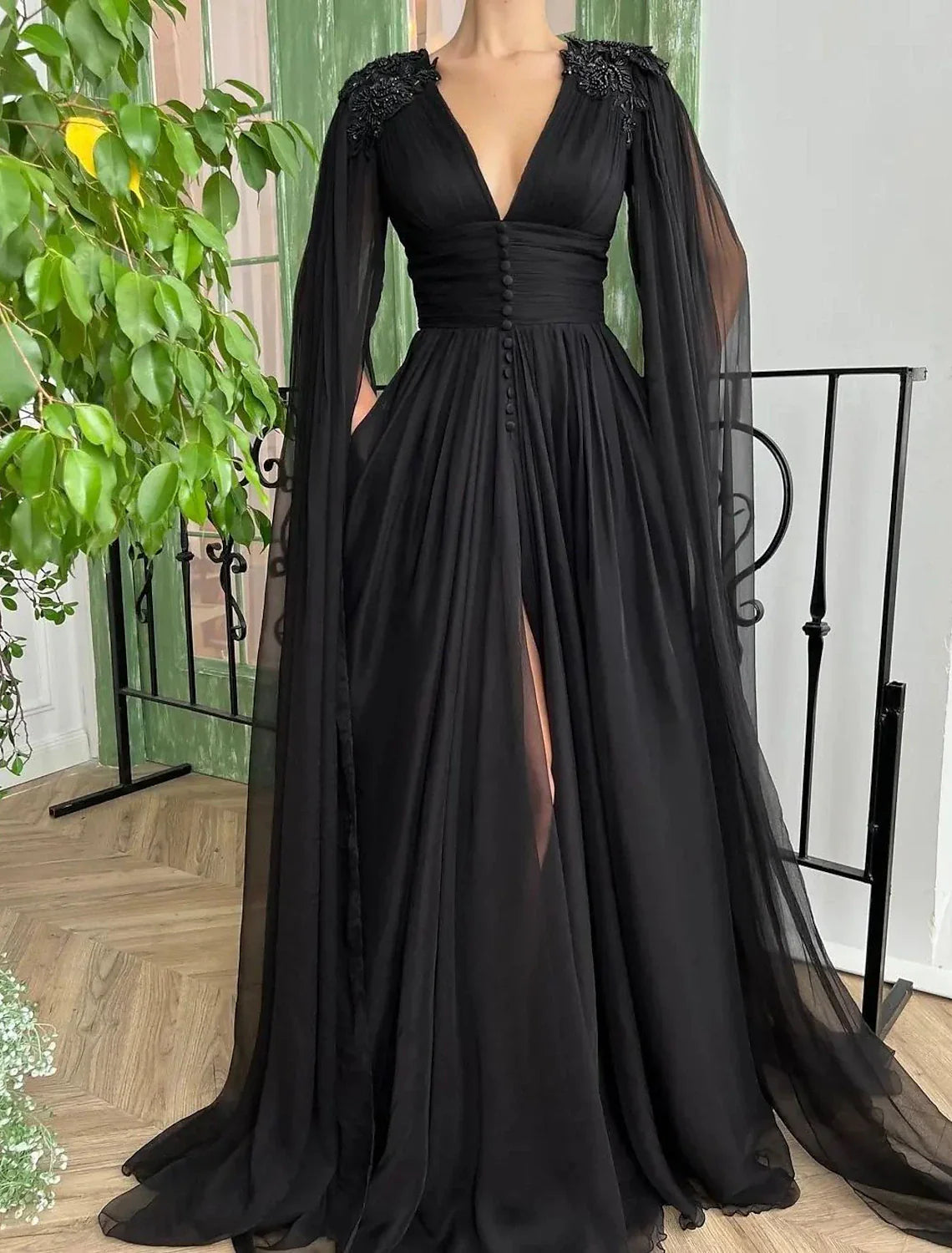 A-Line Evening Gown Black Dress Plus Size Formal Masquerade Court Train Long Sleeve V Neck Wednesday Addams Family Chiffon with Buttons Slit Appliques 2025