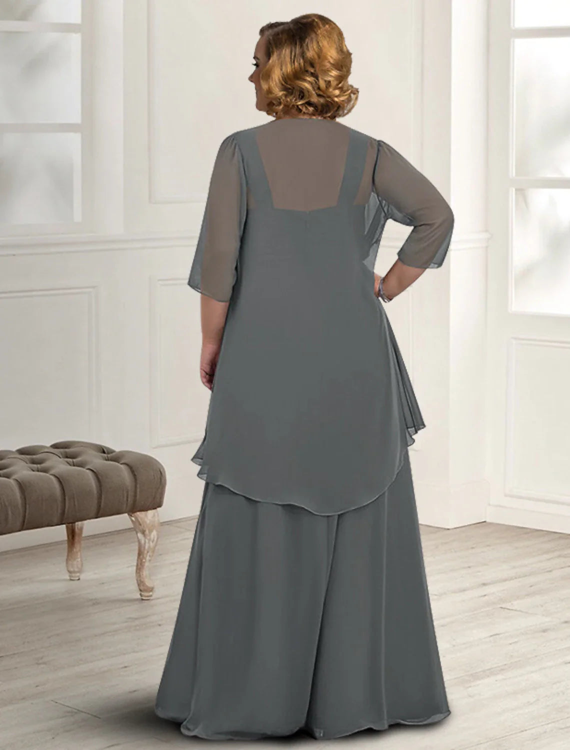 Aimishang  Two Piece A-Line Mother of the Bride Dress Fall Wedding Guest Dresses Plus Size Elegant Square Neck Floor Length Chiffon Sleeveless Jacket Dresses with Pleats