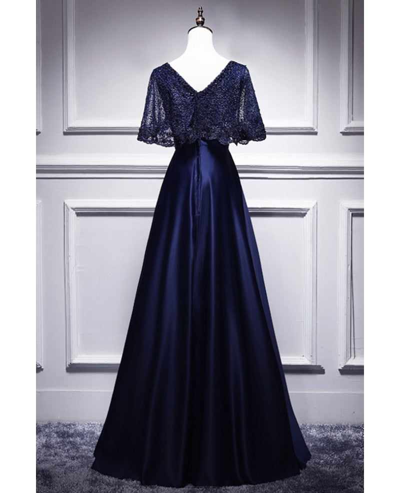 Elegant navy blue short sleeved beaded cape with satin lace navy blue V-neck backless and ground length evening dress