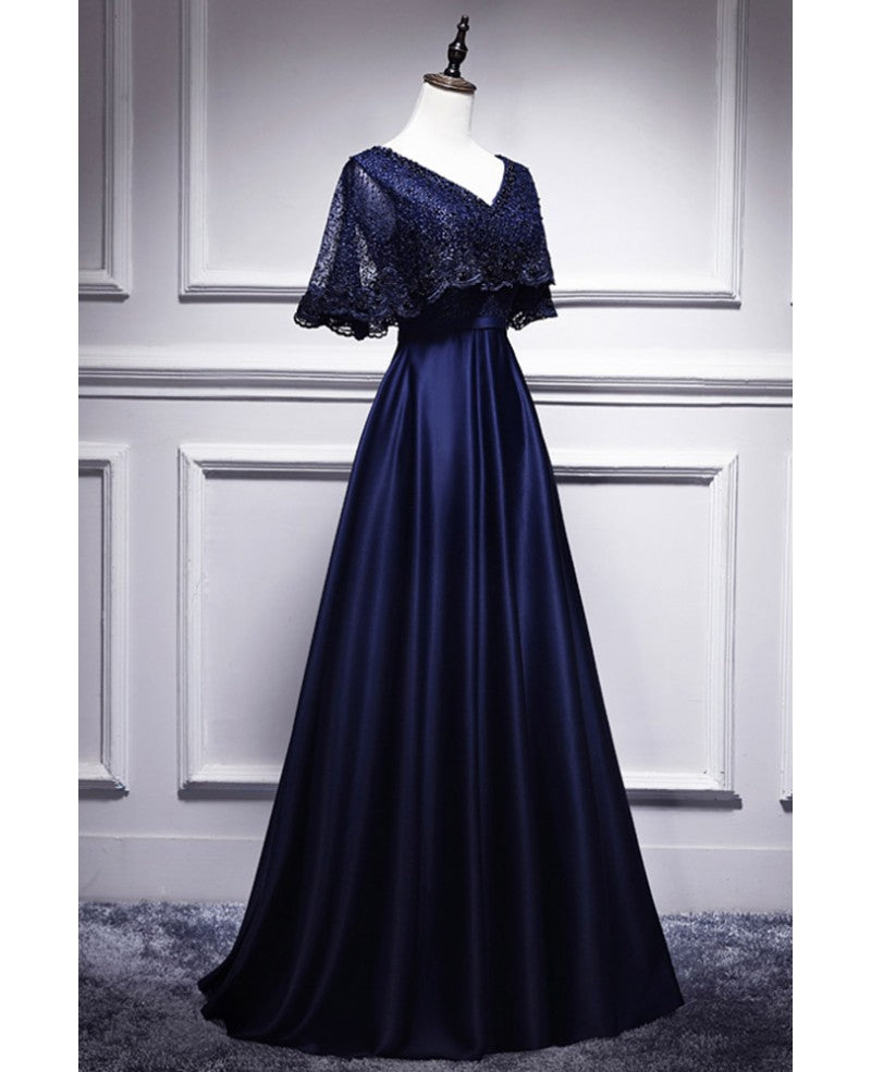 Elegant navy blue short sleeved beaded cape with satin lace navy blue V-neck backless and ground length evening dress