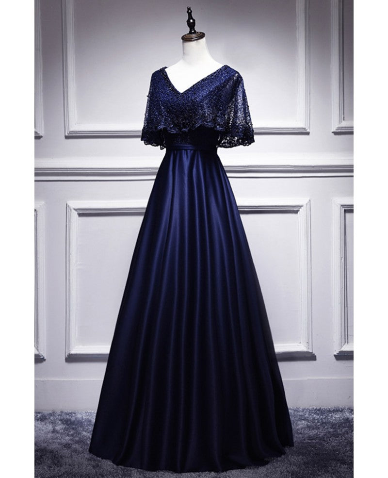 Elegant navy blue short sleeved beaded cape with satin lace navy blue V-neck backless and ground length evening dress