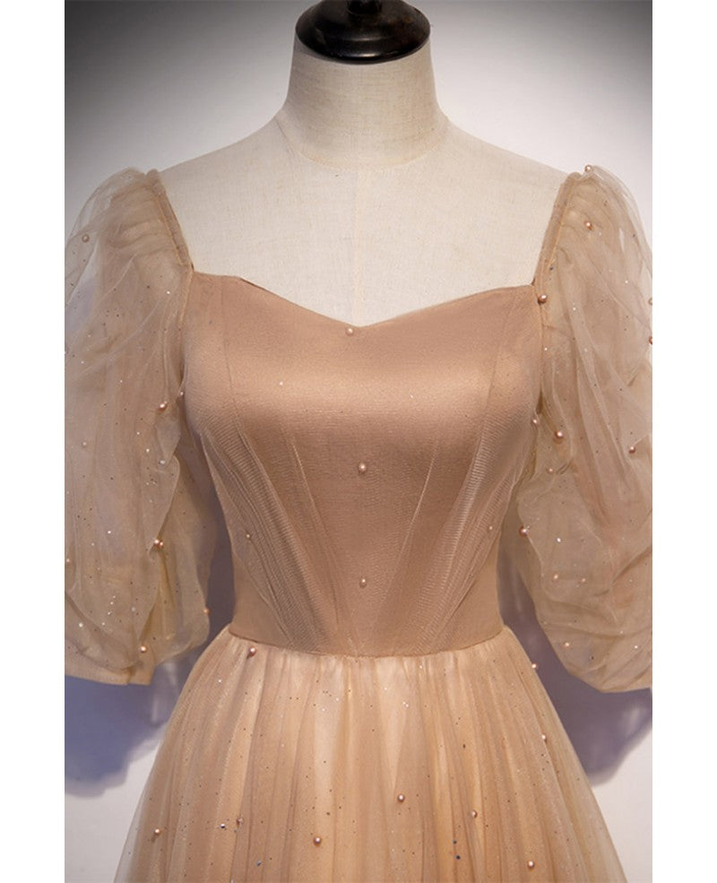 Elegant and noble champagne short sleeved tulle beaded ball dress with champagne backless straps and floor length evening dress