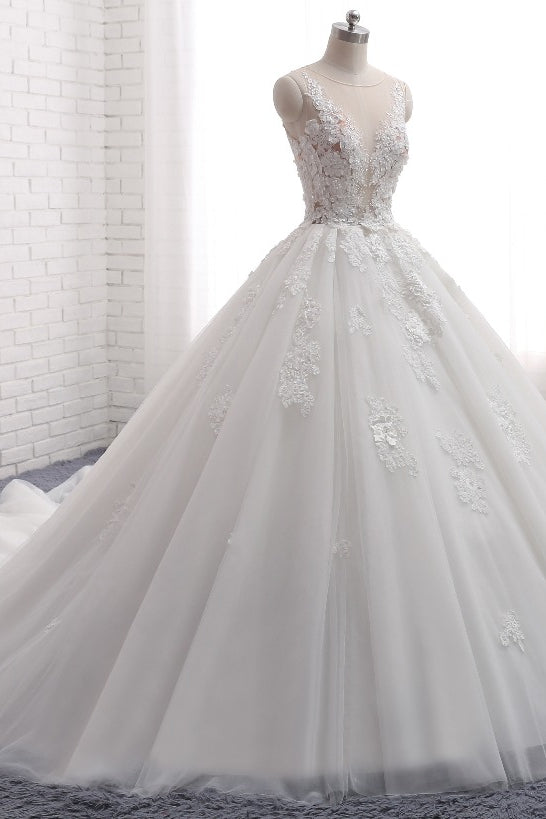 Elegant Lace Applique Sleeveless Long Wedding Dress