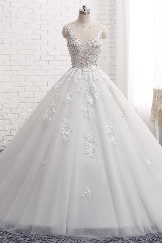 Elegant Lace Applique Sleeveless Long Wedding Dress