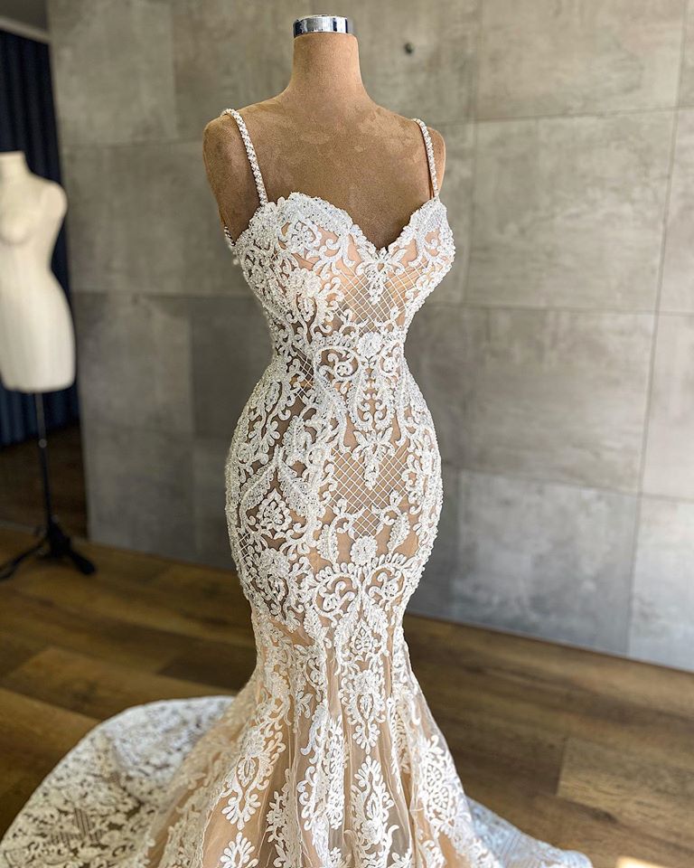 Elegant Lace Wedding Dress - Mermaid Spaghetti-Straps Champagne Sleeveless