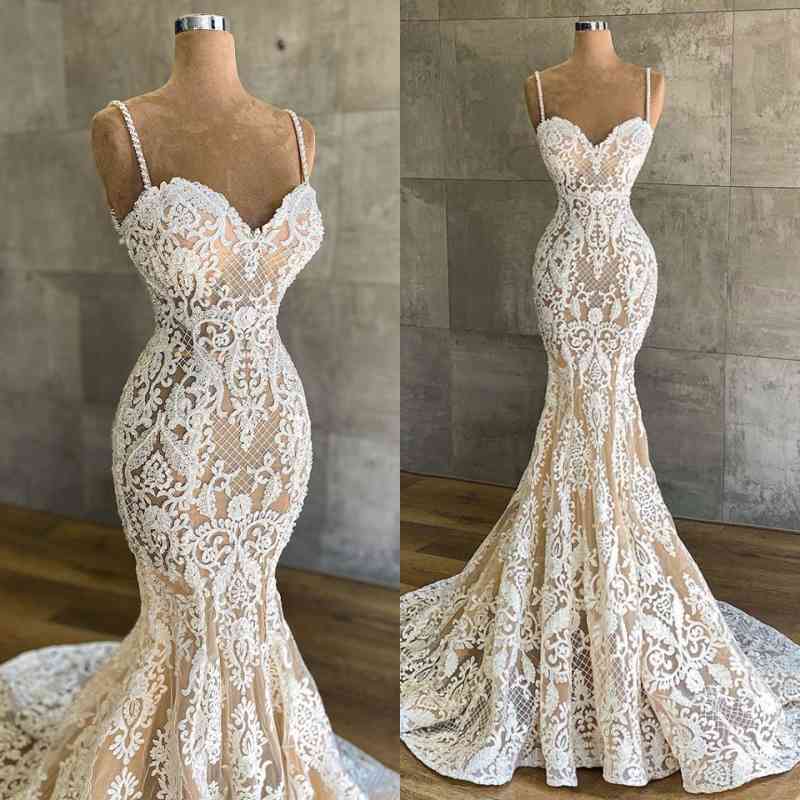Elegant Lace Wedding Dress - Mermaid Spaghetti-Straps Champagne Sleeveless